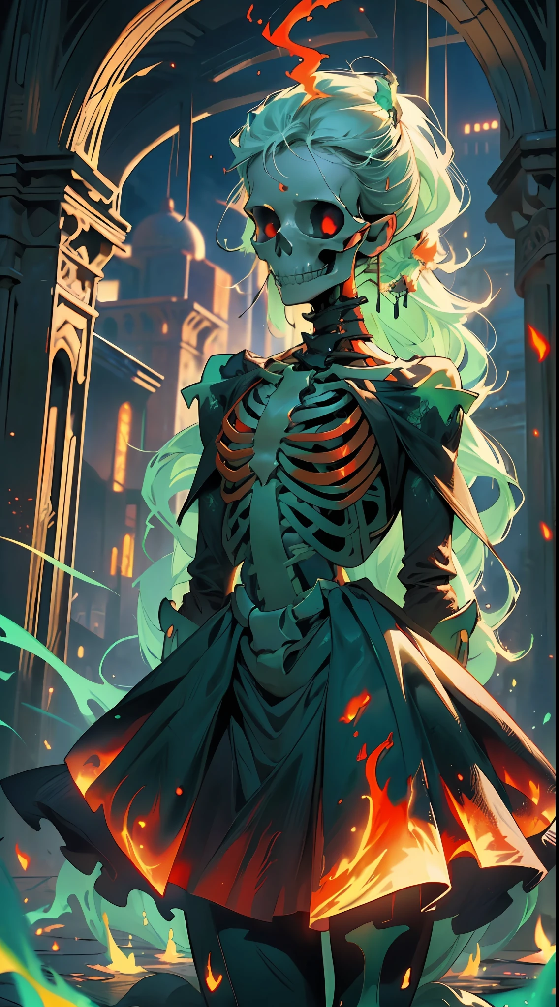 (Green Flame: 1.5+ Skull All over the Ground: 1.2 + Dark: 1.8), (A Charming Girl + Delicate Facial Features), Eerily Ruined and Terrifying Castle at Night, (A (Red Flame) Skeleton Holding the Girl's Body), Full Body, 8K, High Detail, No Blurred Face, Normal Human Fingers