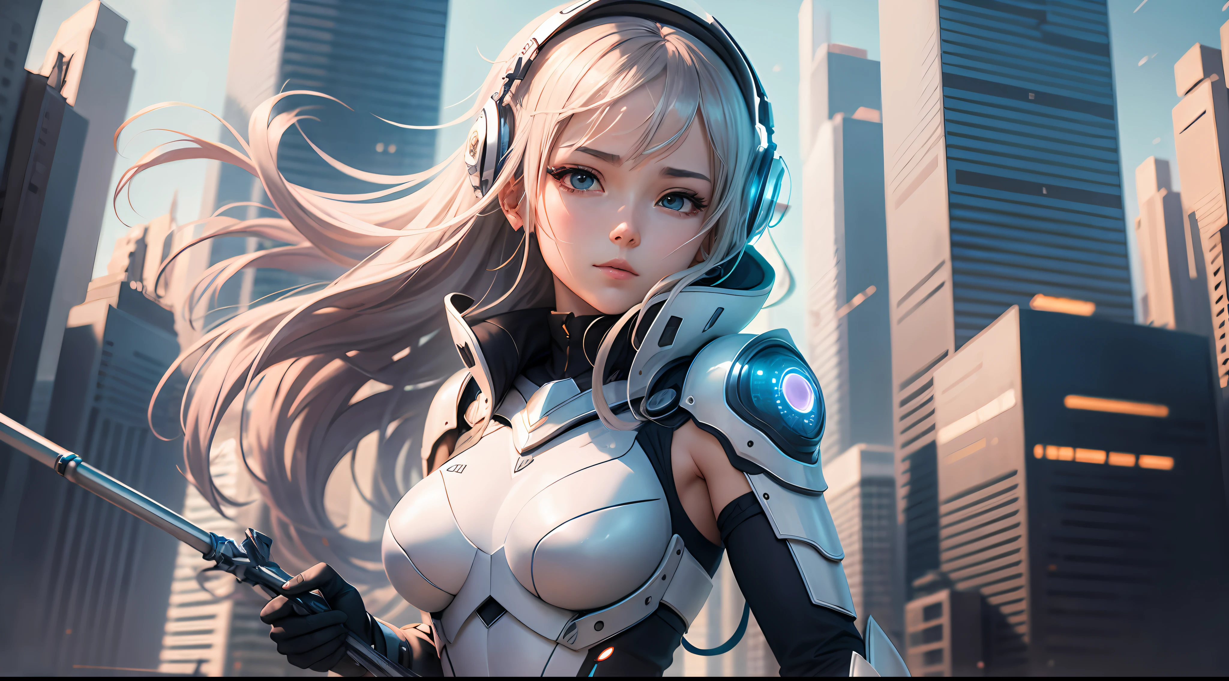 Draw an anime girl in a futuristic city using a spear, listening to her favorite music and conveying her emotion, ultra-detailed details, soft and delicate lines, vibrant light, bold geometries, stunning textures. --auto --s2