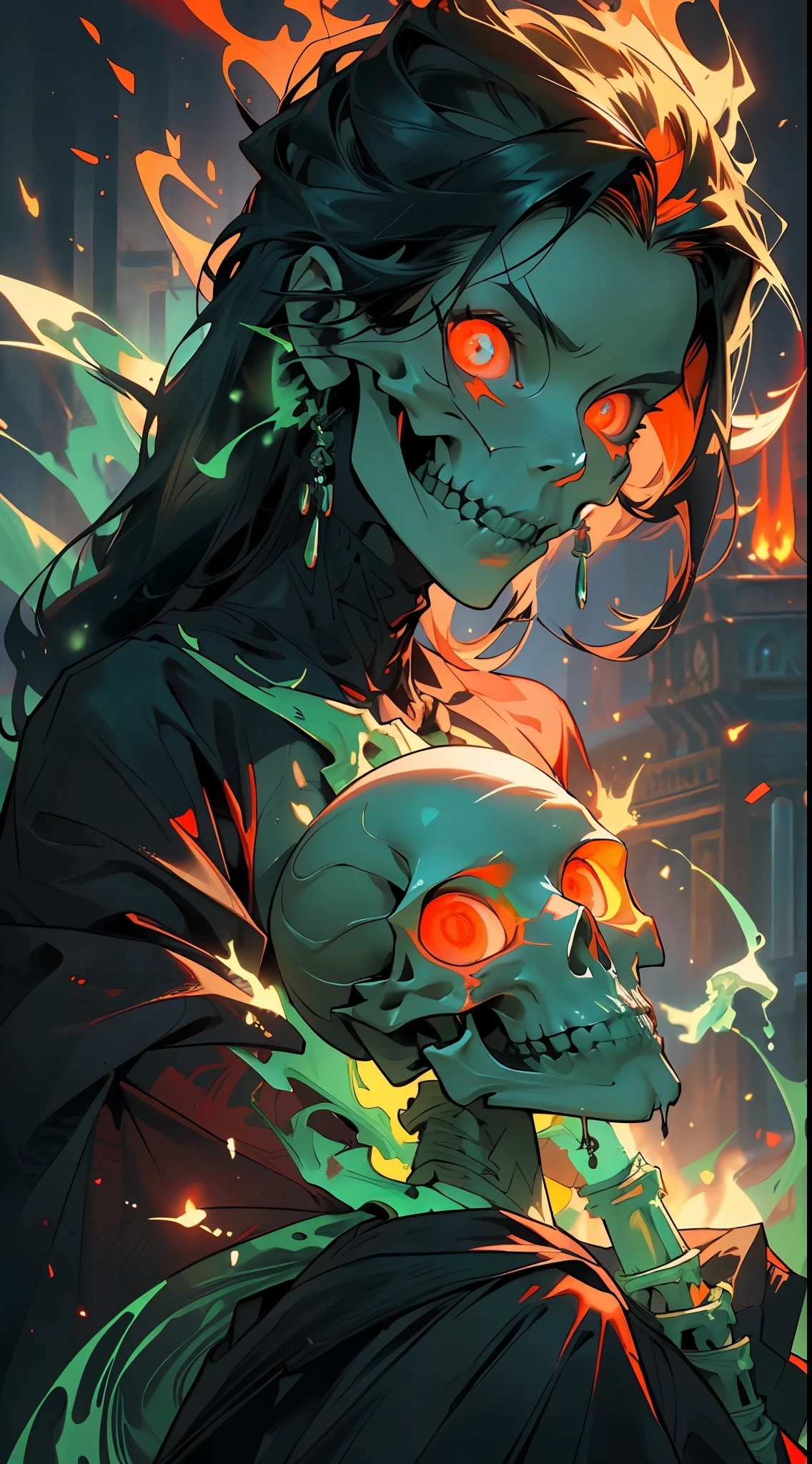 (Green Flame: 1.5 + Skull All over the Ground: 1.2 + Dark: 1.8), (A Charming Girl + Delicate Facial Features + Red Glowing Eyes), Gloomy and Terrifying Castle at Night, (A (Red Flame) Skeleton Holding the Girl Behind Her Back), Full Body, 8K, High Detail, Face Not Blurred, Normal Human Fingers