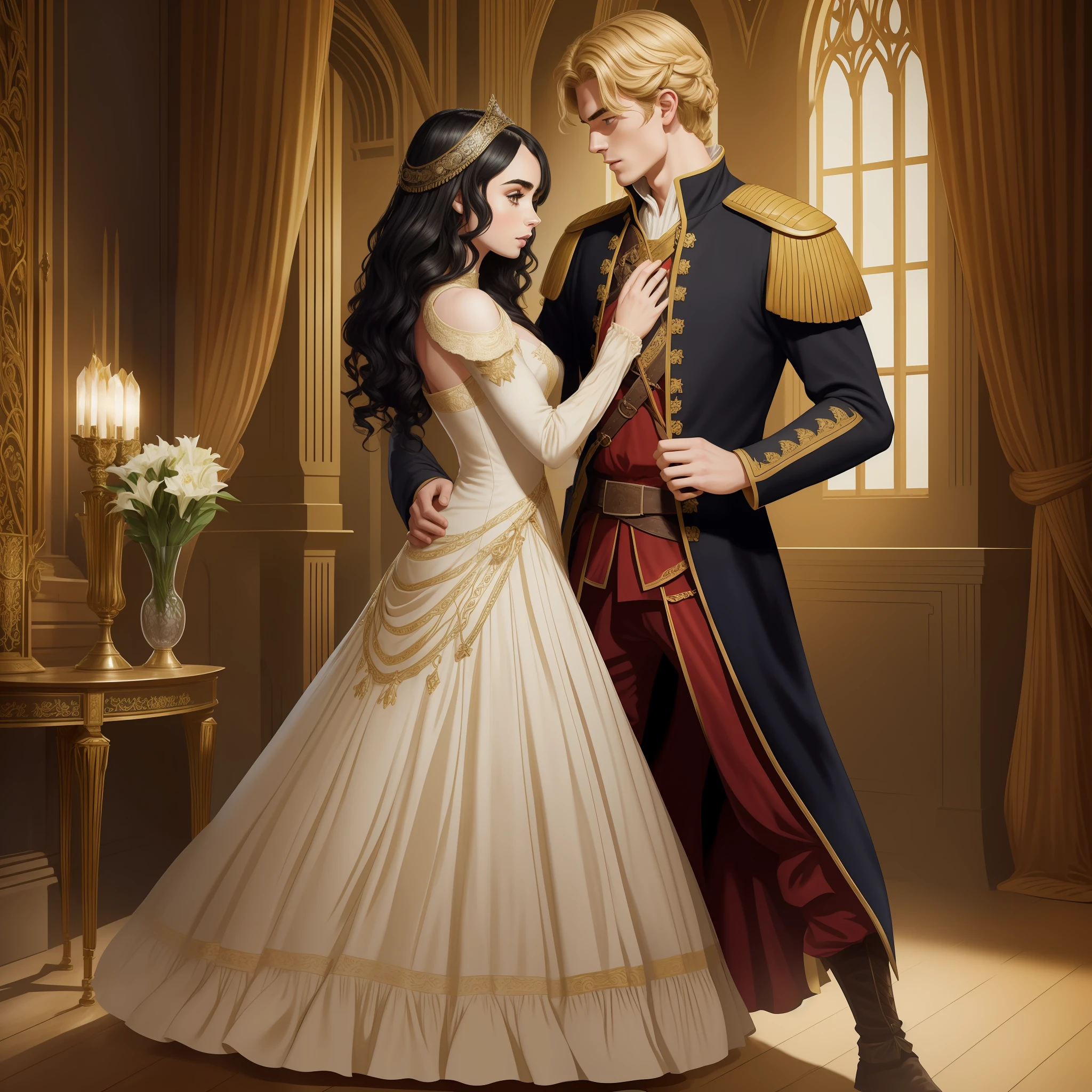 Lily Collins, who has curly black hair, wears a medieval dress. the Neels Visser wears a medieval military outfit and has blonde hair. The couple is waltzing in the ballroom. The illustration is like a book cover with a detailed, bright, illuminated, ultra detailed background, conceptual art, elegant, Samyang art