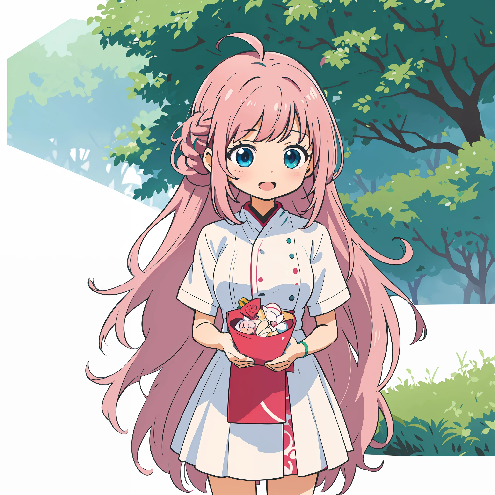 Anime illustrations in the style of "Kyoto Animation", highest quality, (cute: 1.1), (cute), (high resolution: 1.2), incredibly ridiculous: 1.3, incredibly fine illustrations, break 1 beautiful girl, Solo, (heterochromia, light blue eyes and light green eyes), silhouette of star eyes, solo, standing figure, happy, :d, princess eyes, big breasts, break, braid, light pink hair, semi-long hair, red ribbon break at the end of braids (chibi:1.5), holding a large pencil