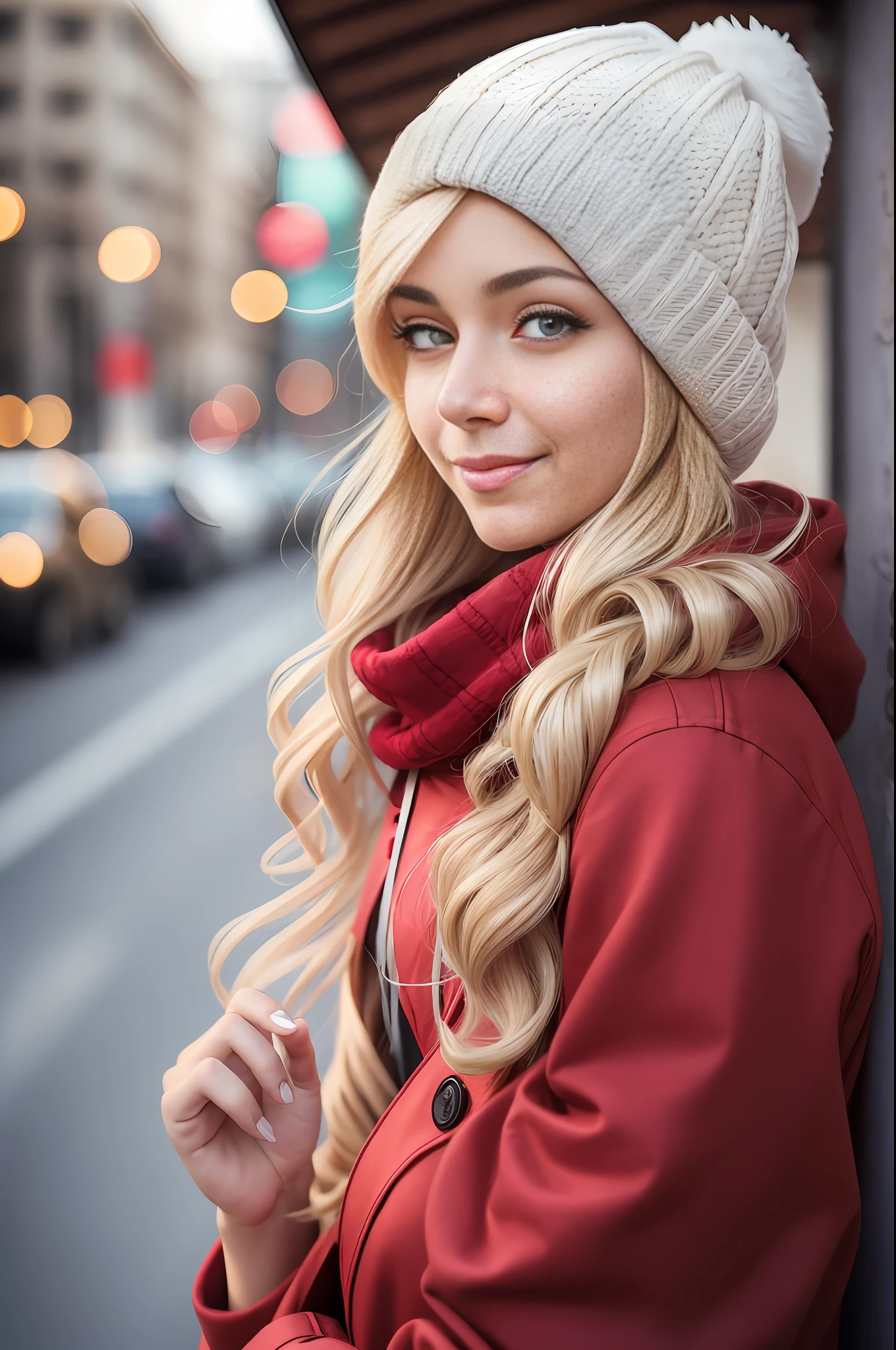 absurdres, RAW photo, highest quality, (masterpiece: 1.3), high detail RAW color photo, professional photo, extremely detailed CG 8k wallpaper unit, photo-realistic, realistic, RAW photo, masterpiece, best quality, highres,
1girl, 19 YEARS OLD, white, blonde hair, wavy, Average length, random hairstyle, beautiful body, thin legs, perfect gorgeous face, beautiful light brown realistic eyes, fair skin, detailed skin texture, very small natural breasts. Smile. She looks amazing. (Red coat, beanie, cold clothing, simple design). Winter in São Paulo.