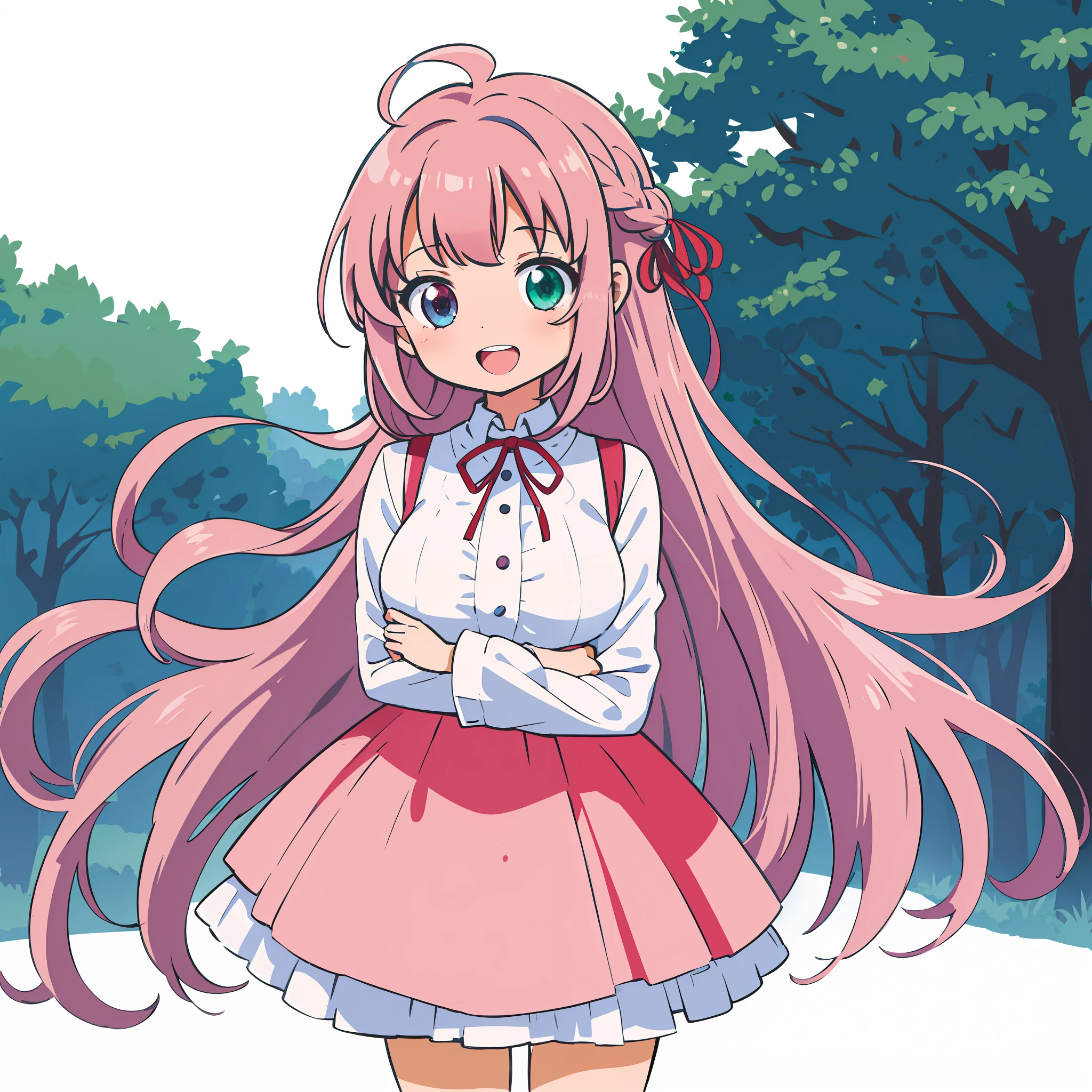 Anime illustrations in the style of "Kyoto Animation", highest quality, (cute: 1.1), (cute), (high resolution: 1.2), incredibly ridiculous: 1.3, incredibly fine illustrations, break 1 beautiful girl, Solo, (heterochromia, light blue eyes and light green eyes), silhouette of star eyes, solo, standing figure, happy, :d, princess eyes, big breasts, break, braid, light pink hair, semi-long hair, red ribbon break at the end of braids (chibi:1.5), holding a large pencil