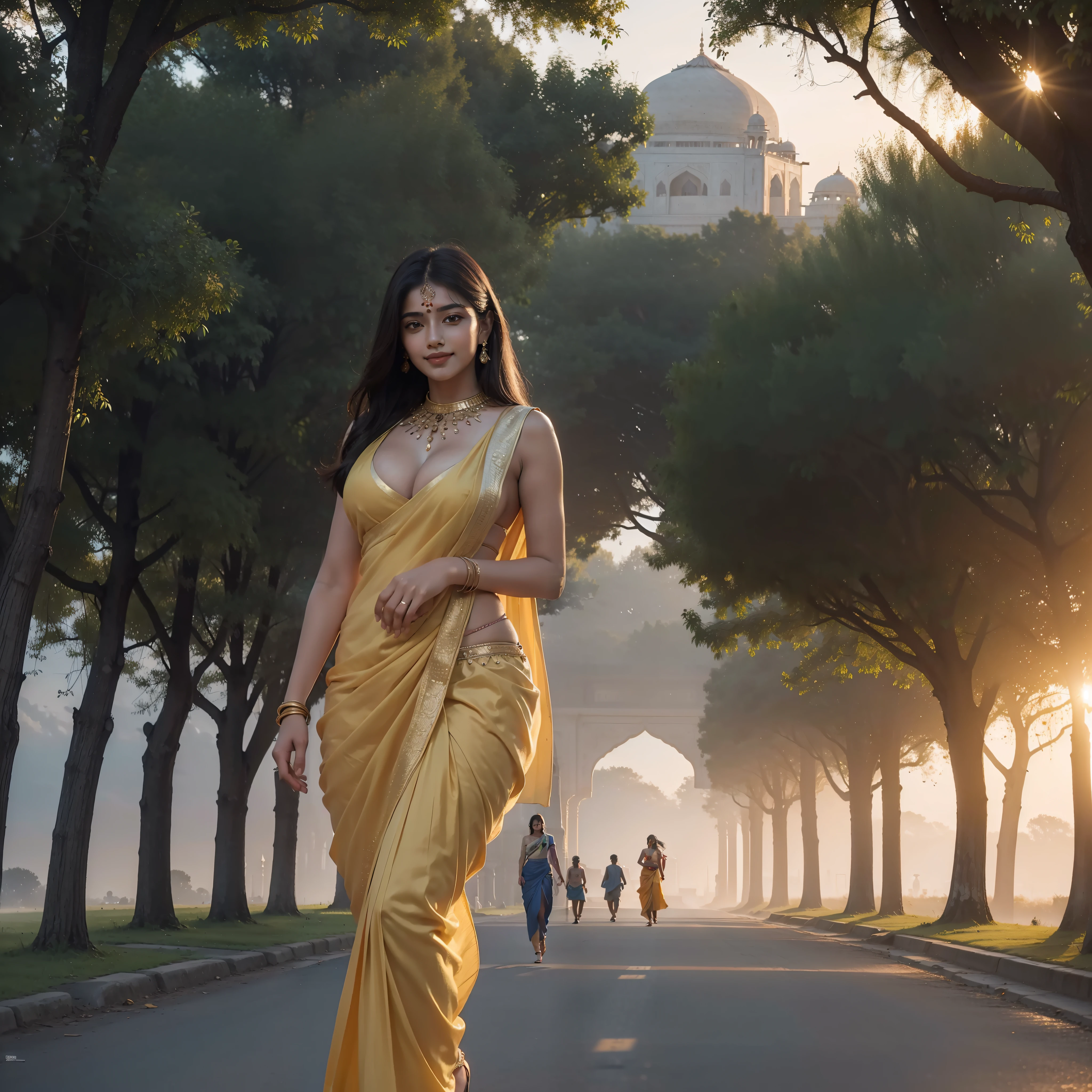(best quality), (masterpiece), young Indian one woman, (beautiful face, charming smile), (perfect body, perfect boobs), (wearing sari dress, india female dress), (walking and starring), sunset lighting, road and trees, Taj Mahal background, (high resolution, high saturation, hd, 8k resolution, cowboy shot, hyper realistic)