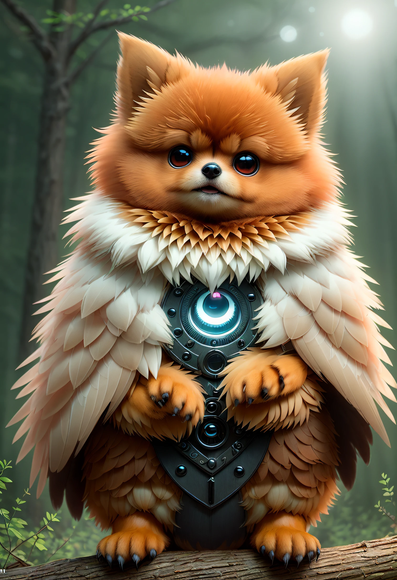 a baby red feathered pomeranian, multi colored fur made of bushy feathers, sitting on a log in the forest, wearing a futuristic collar with colorful tiny lights, highly detailed fur, cute, symmetrical, soft lighting, highly detailed face, concept art, digital painting, looking into camera, (fireflies), fog, night, moon, (cbzbb:1.25) cute big circular reflective sparkling eyes, unreal engine cinematic smooth, intricate detail