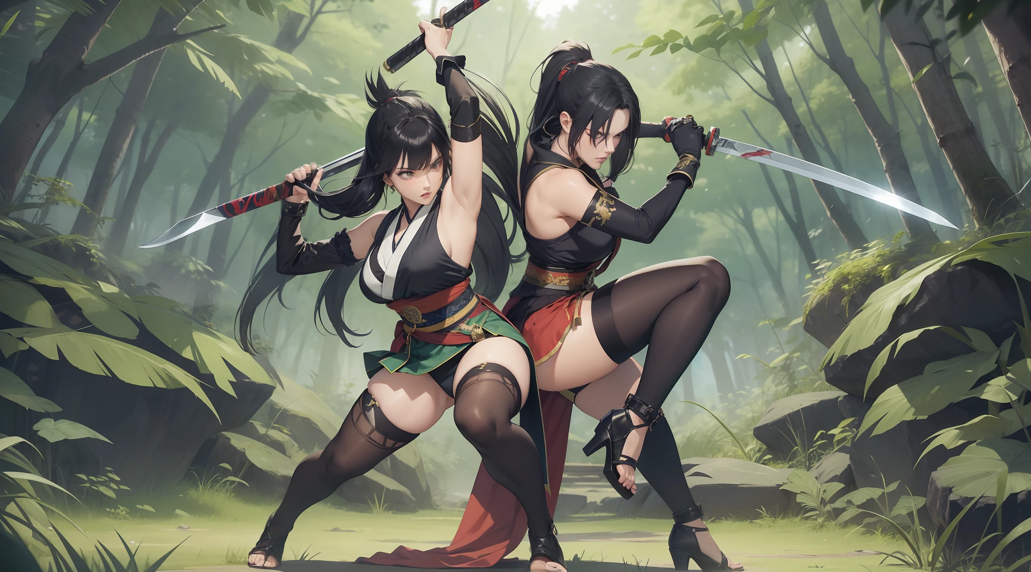 Full body shot of character from Dead or Alive game. Two women engaged in a fierce duel with short swords, showcasing their impressive swordplay and deadly precision. Their long loose hairstyles flow behind them as they battle in a stunning and lush forest setting. Both warriors are dressed in sleeveless kimonos and skirt, adorned with an obi tied to back hip, and accessorized with black thin elbow gloves, black thigh high socks, and black small boots.