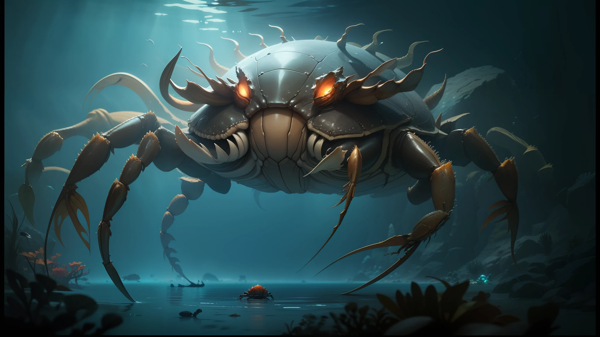 there is a crab that is sitting on the ground in the water, elephant - crab creature, tiger - crab creature, giant crab, subnautica, crab monster, huge crab, anthropomorphic crab, crab, ocean giant creature bloop, aquatic devices, dark underwater alien ocean, deep sea creatures, bioluminiscent creatures, sea creature