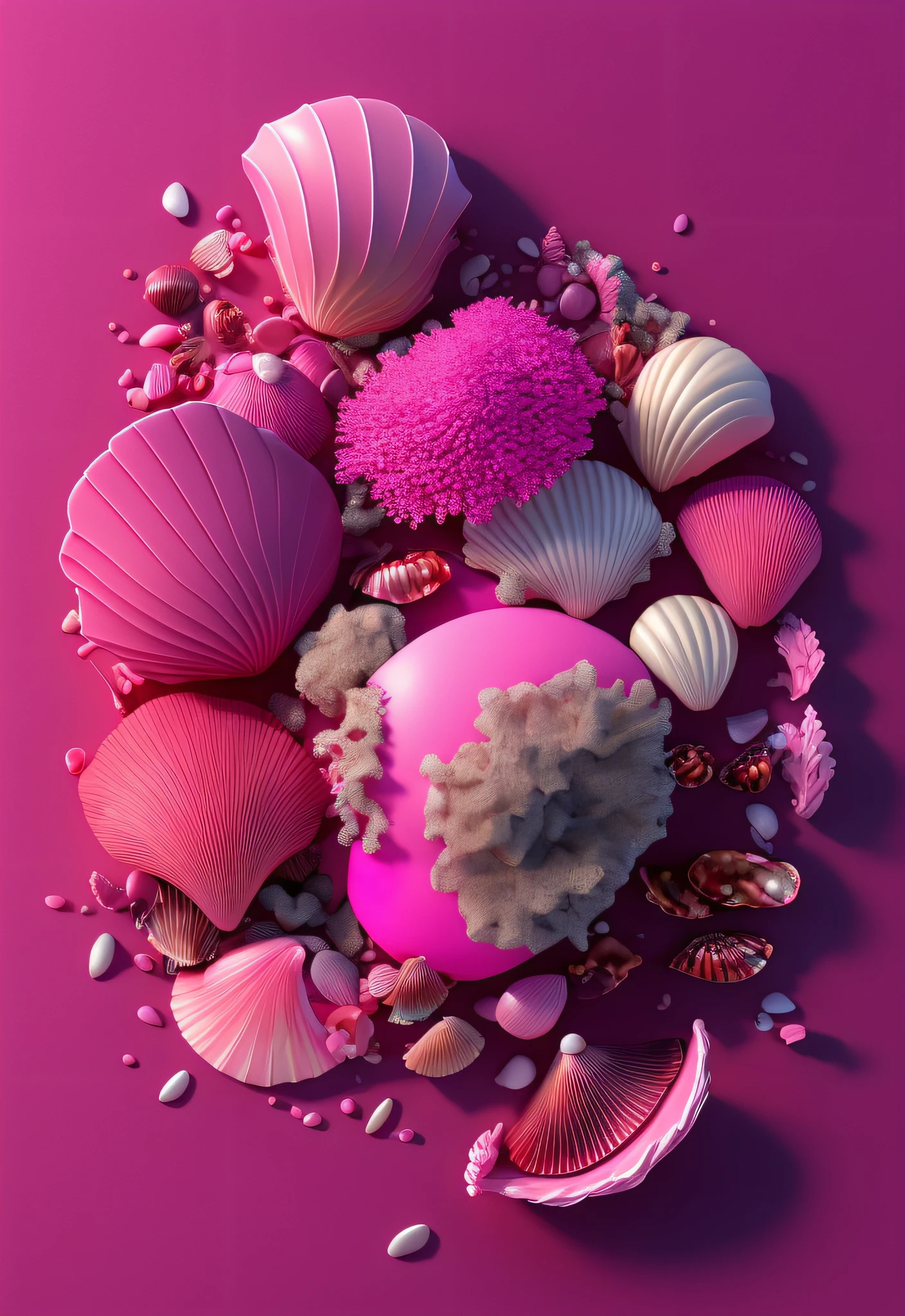 Close-up of pile of seaweed and shells on pink surface, pink zen style, vibrant pink, 3d grainy aesthetic illustration, pink shade, some pink, soft light 4k pink, stylized 3 D graphics, vibrant 3D textures, pastel 3D rendering, pastel geometric 3D shapes, pink tones, abstract 3D artwork