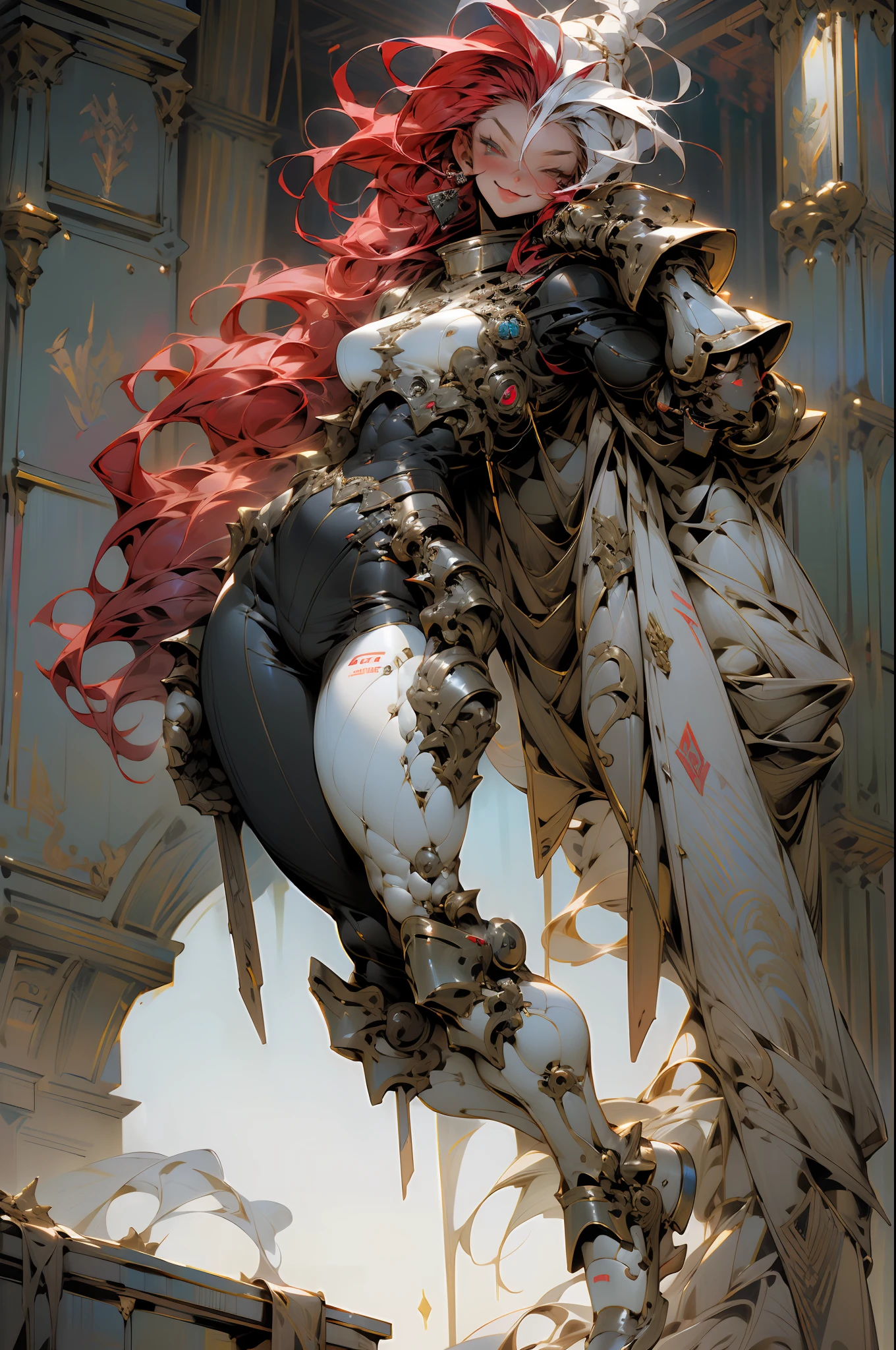 (((masterpiece))), (((best quality))), ((((absurdities))), Muscular 35-year-old adult woman with robotic armor, large breasts, sensual pose, white mohawk hair with red locks, proportional body, full body, beautiful, mischievous smile, military installation
