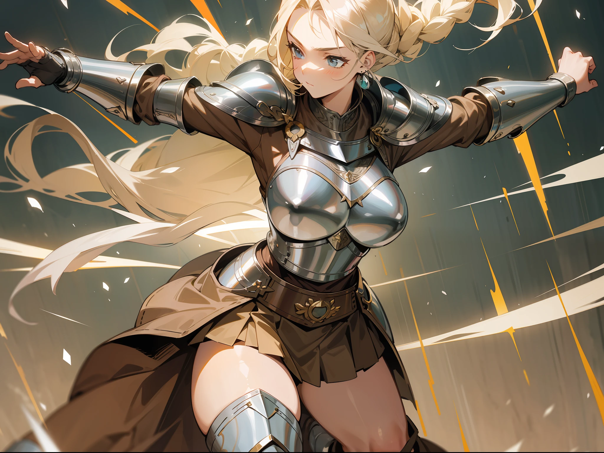 masterpiece, best quality, mature woman, warrior, light blonde braided hair, brown clothing, silver pectoral armor, silver shin guard, exposed thighs, skirt, costume, medieval, in a battle arena, dynamic pose, beautiful detailed glow.