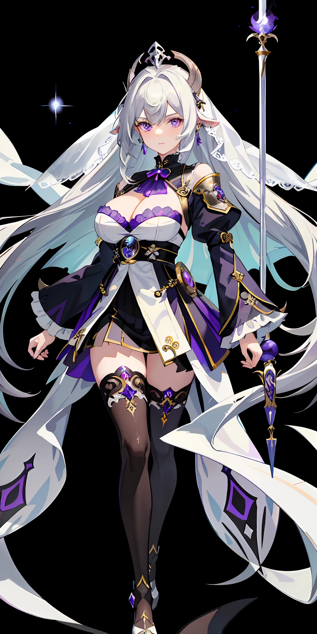 (top quality, masterpiece, background white, Genshin) gray hair, fantasy costume, mond, purple eyes, fortune teller, face veil, sheep horn, older sister, black clothes, huge, cleavage, ephemeral expression, spear, thunder, tights, long bangs, mysterious, purple jewels, western style costume