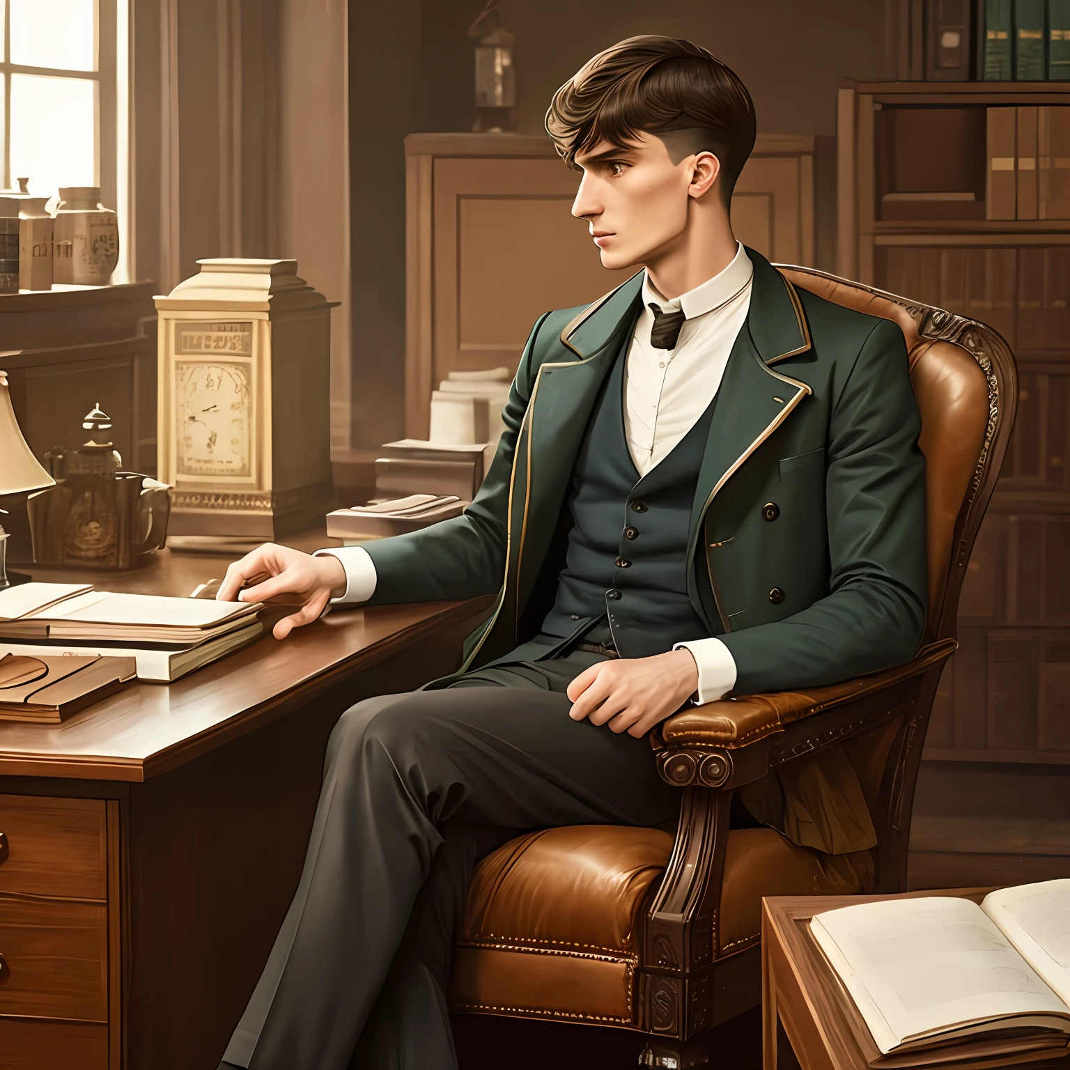 Detailed photo of Thomas shelby sitting in a brown poltona in his office