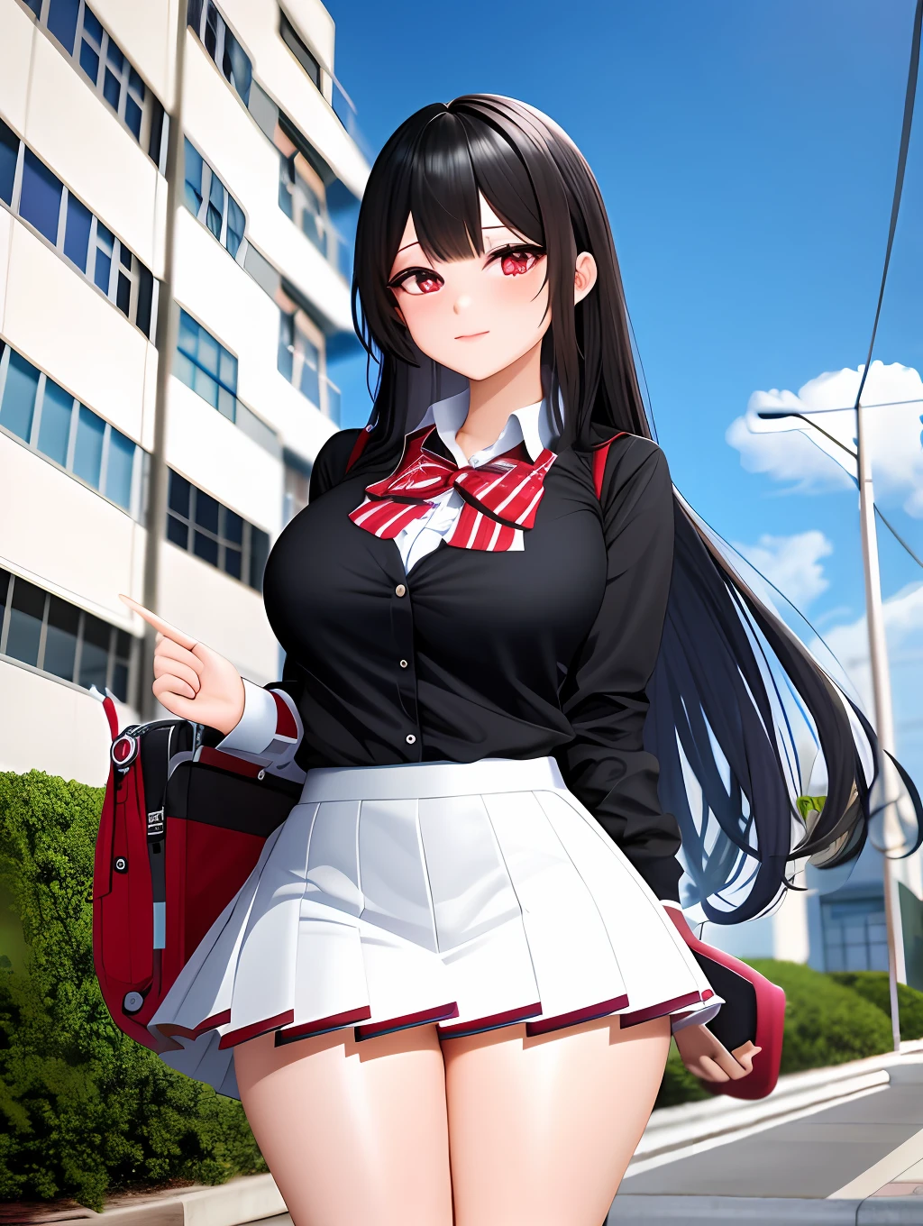 High school girl in white blouse and red checked skirt, red checked skirt, long black hair untied, pinched eyes, long lashes, well-styled and rather large breasts, white underwear and skirt rolled up, posing emphasizing big breasts, naughty large breasts, naughty thighs, naughty anime style, beautiful anime schoolgirl, surreal schoolgirl, surreal schoolgirls, seductive anime girls, realistic schoolgirls, emphasized big breasts, naughty anime style, naughty thighs, naughty thighs, smooth anime CG art, surreal schoolgirls, surreal schoolgirls, seductive anime girls, realistic schoolgirls, smooth anime CG art, anime girls, beautiful anime schoolgirls, beautiful anime girlsRendering, beautiful charming, anime , naughty anime style, photorealistic anime girl