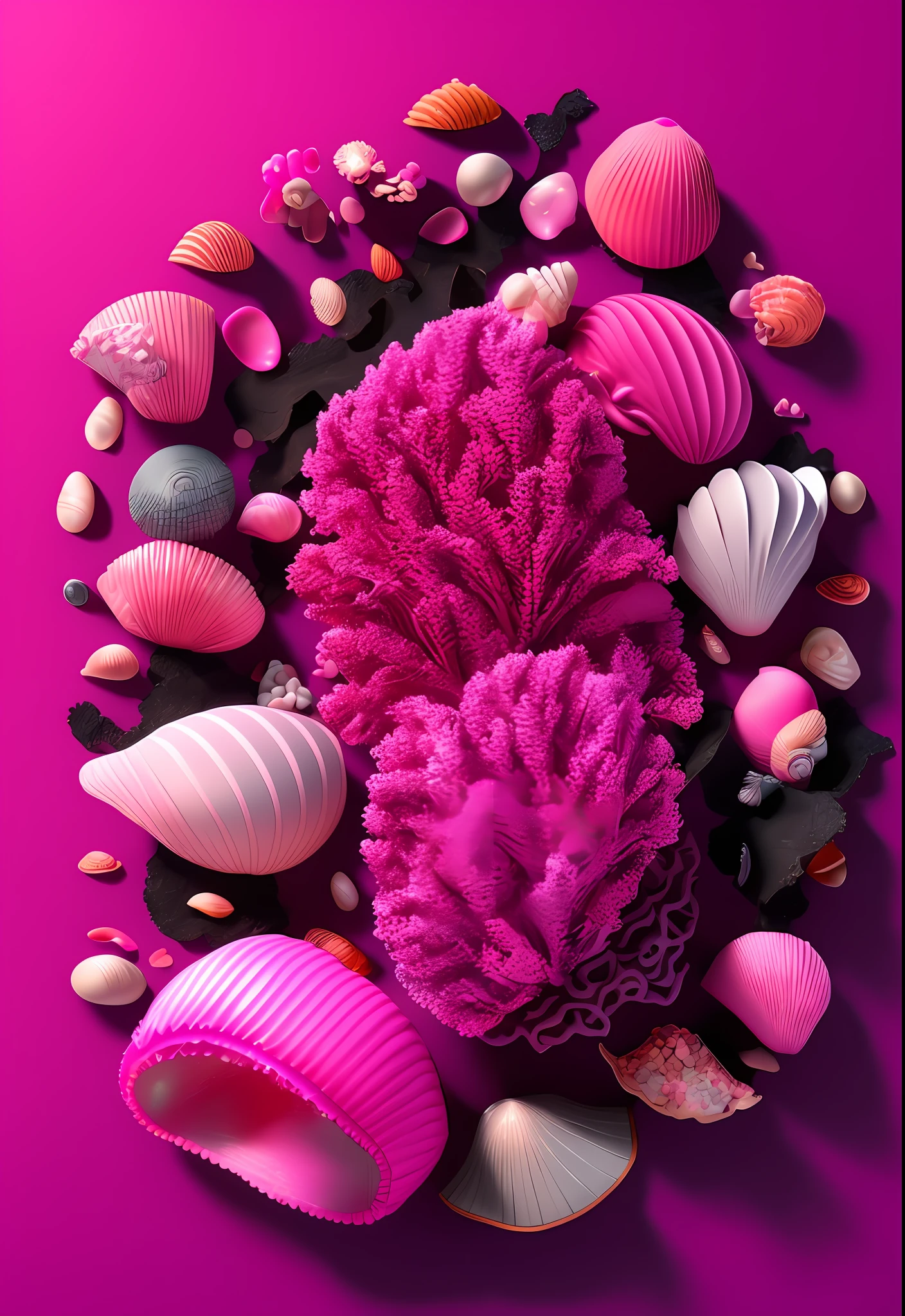 Close-up of pile of seaweed and shells on pink surface, pink zen style, vibrant pink, 3d grainy aesthetic illustration, pink shade, some pink, soft light 4k pink, stylized 3 D graphics, vibrant 3D textures, pastel 3D rendering, pastel geometric 3D shapes, pink tones, abstract 3D artwork
