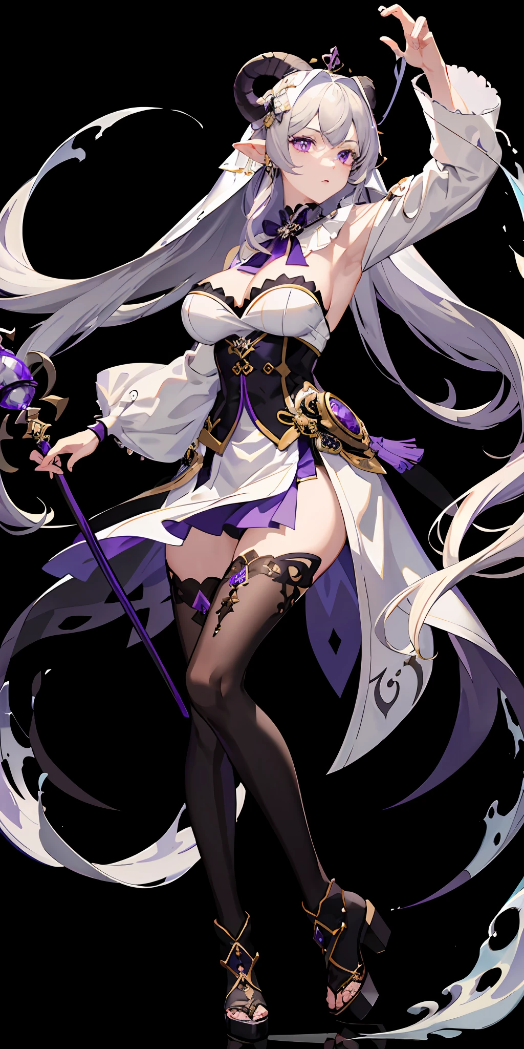 (top quality, masterpiece, background white, Genshin) gray hair, fantasy costume, mond, purple eyes, fortune teller, face veil, sheep horn, older sister, black clothes, huge, cleavage, ephemeral expression, spear, thunder, tights, long bangs, mysterious, purple jewels, western style costume