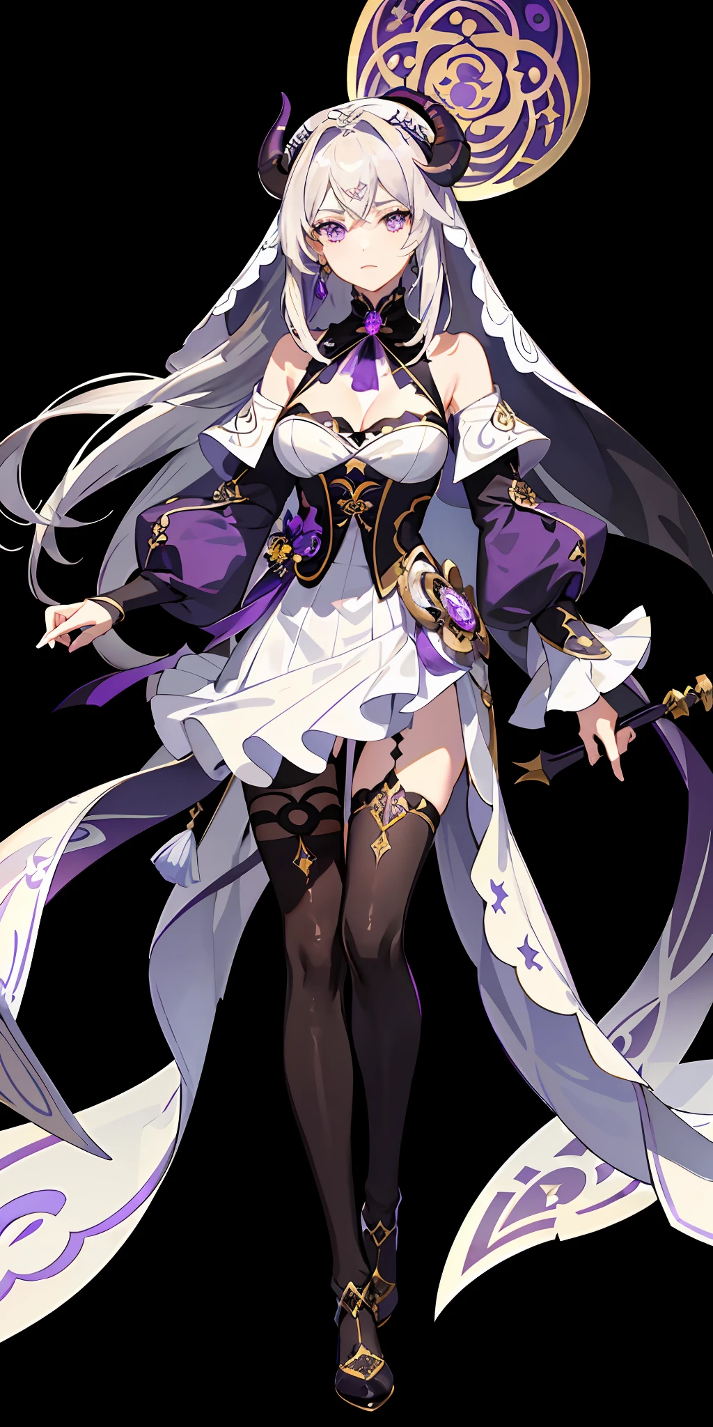 (top quality, masterpiece, background white, Genshin) gray hair, fantasy costume, mond, purple eyes, fortune teller, face veil, sheep horn, older sister, black clothes, huge, cleavage, ephemeral expression, spear, thunder, tights, long bangs, mysterious, purple jewels, western style costume