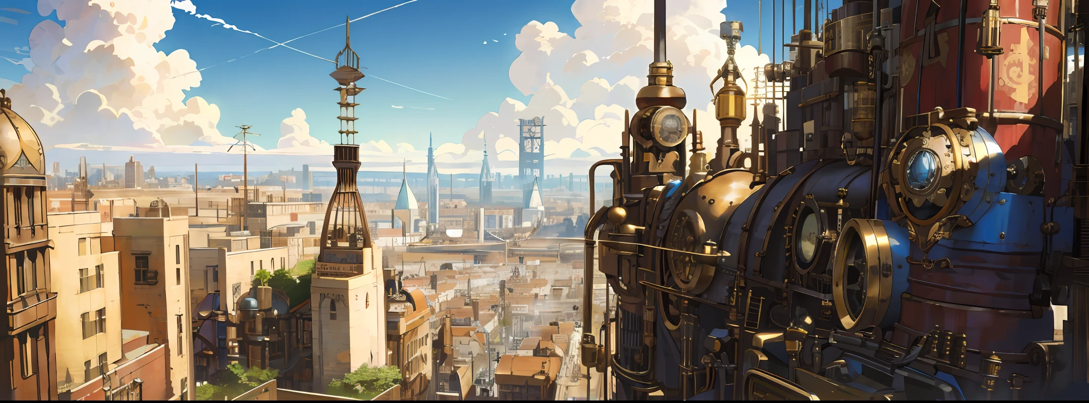 (sunny day, sunlight:1.2),(steampunk city:1.3),beautiful view,shining,brass and iron,mechanical life,blue sky, white clouds, warm tone, urban landscape, wide shot