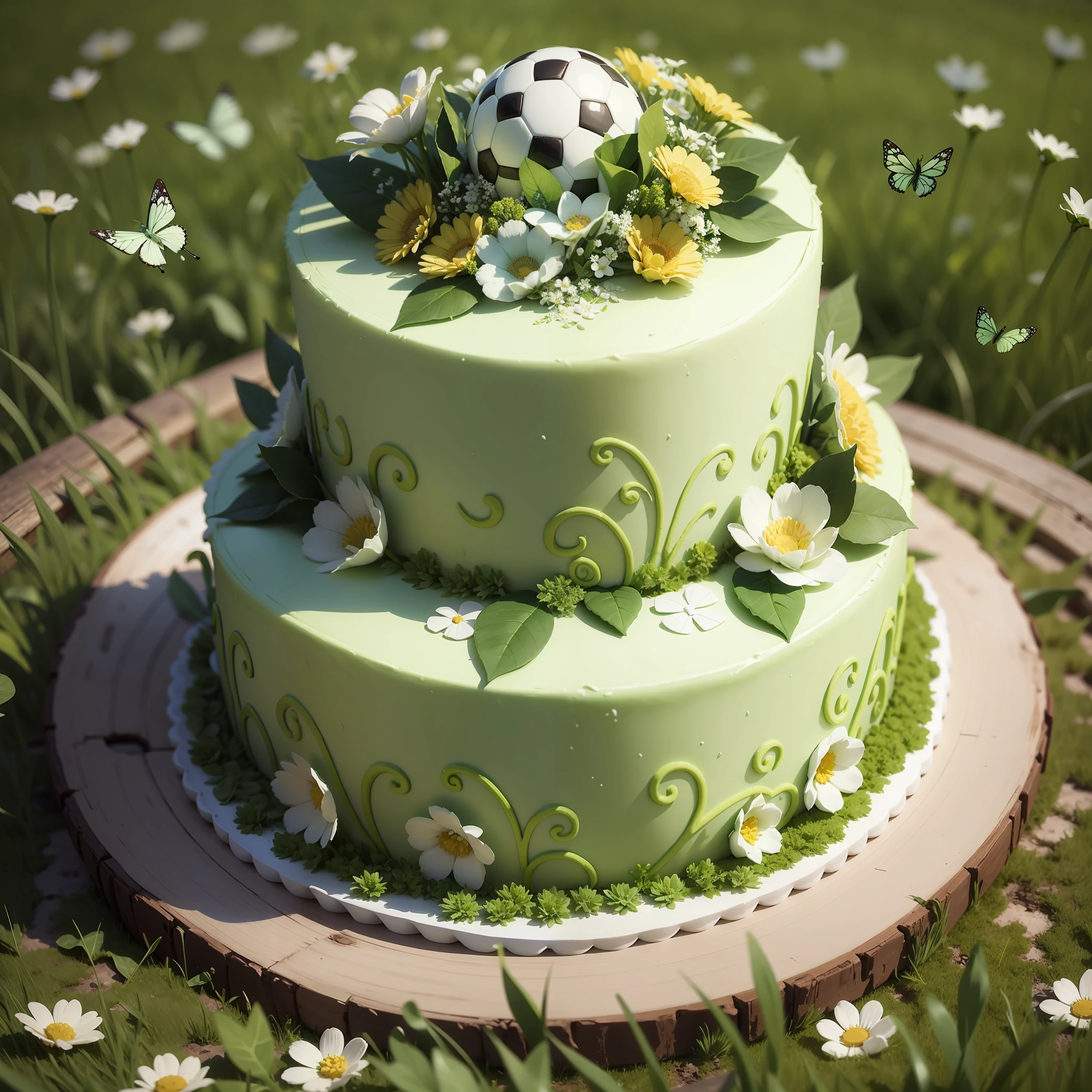 On a flower meadow there is a green and white wedding cake, green and white butterflies circle the cake, next to the cake is a soccer ball --auto --s2