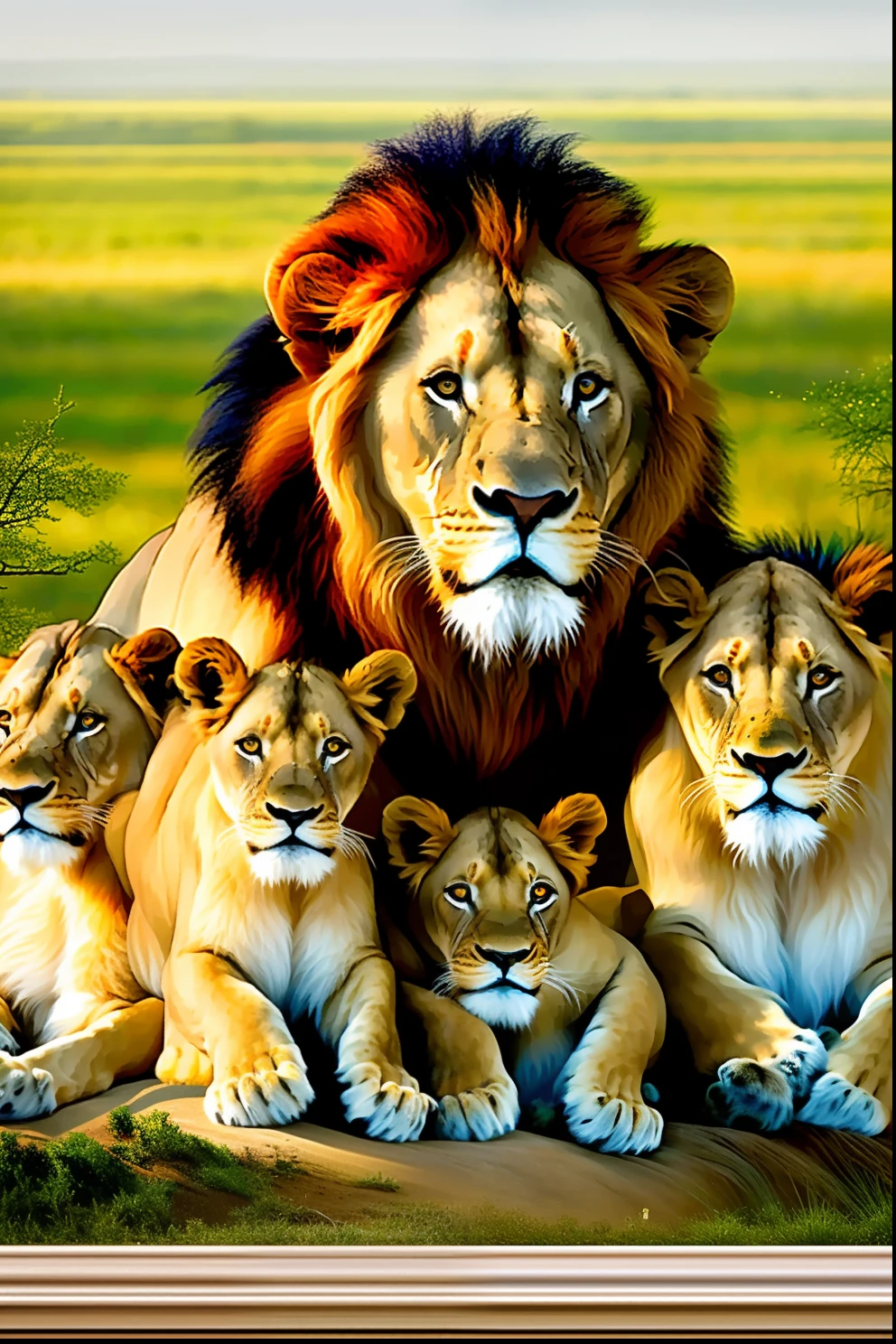 there are a lot of lions that are lying together, family portrait, lions, family photo, frans lanting, incredibly realistic, animal photo digital art, by Juergen von Huendeberg, wolfe art photographer, high quality printing, amazing art, high definition art, proud look, highly realistic photography, symmetrical realistic photo, lisa parker, happy family.