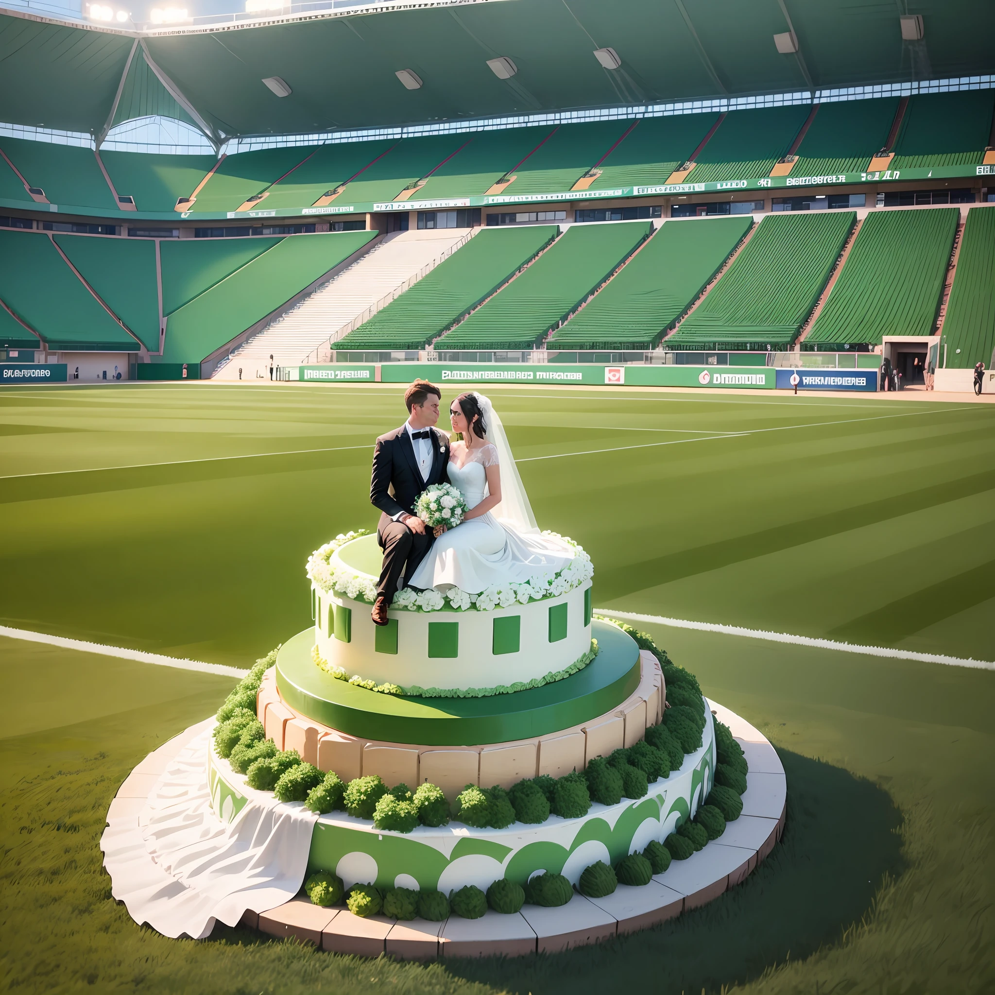 In the football station of Werder Bremen there is a huge wedding cake and a small wedding couple in front of it on the lawn, there are a lot of people sitting in the stands --auto --s2