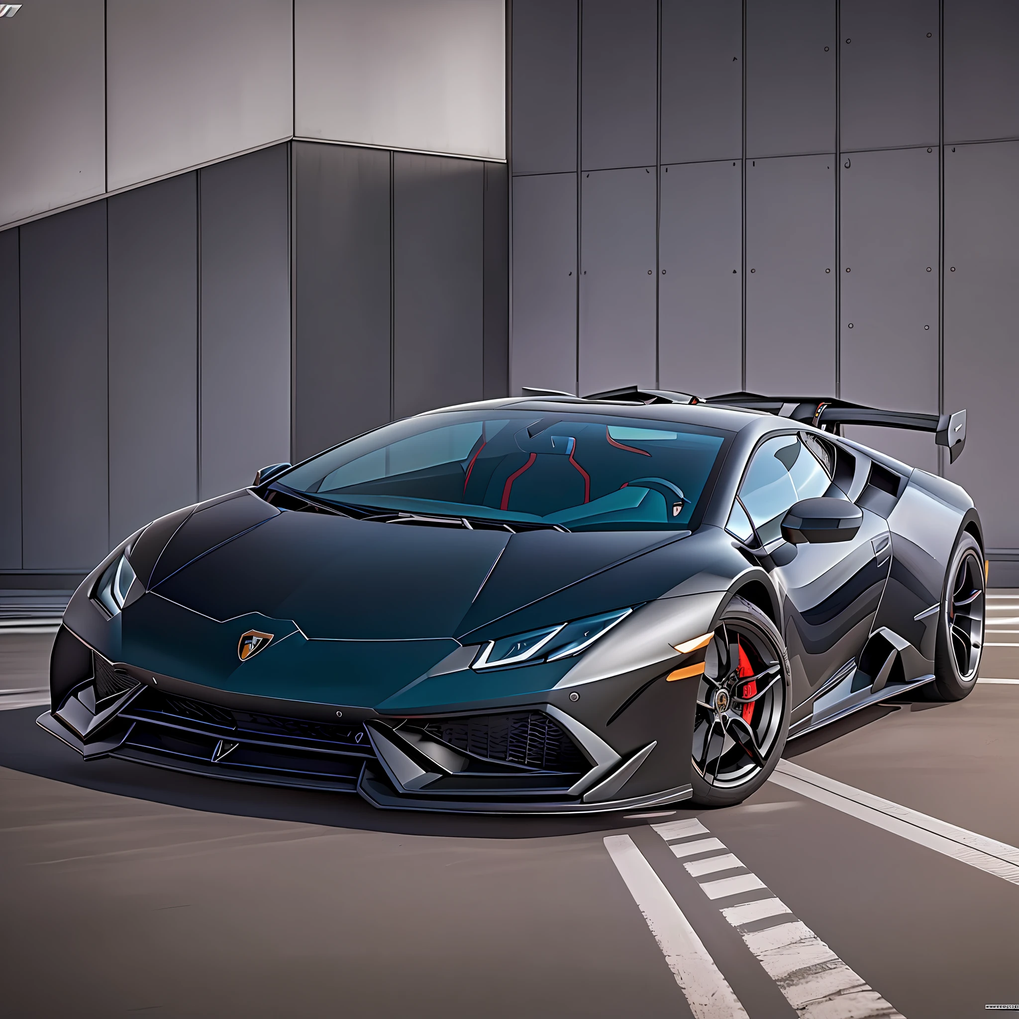 High luxury symmetrical Shot, black Lamborghini Huracan, anamorphic lens, ultra realistic, hyper detailed