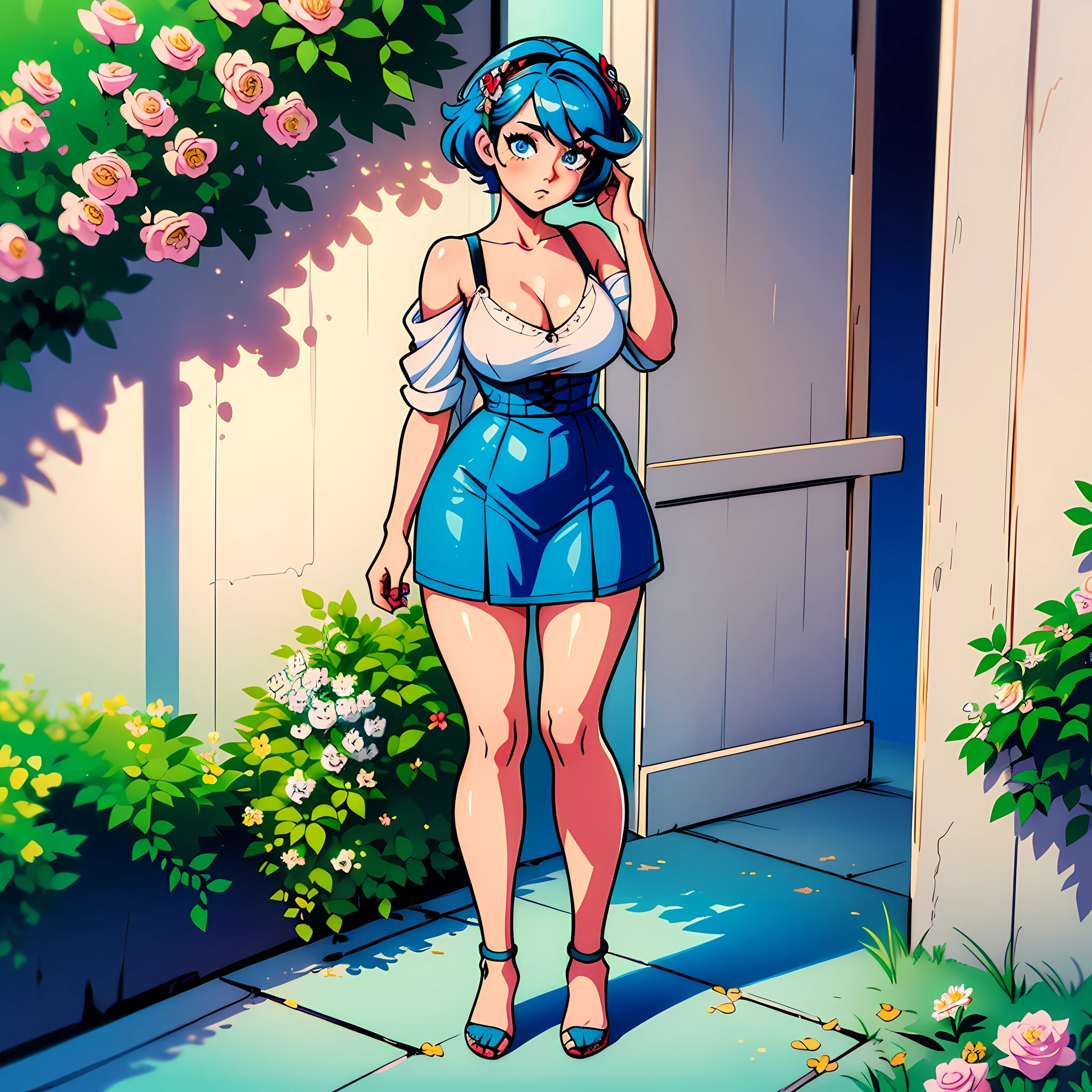(masterpiece, detailed, highres:1.4), strict lines, clearly outline, aduld girl, curvy, marinette_dupain-cheng_\(miraculous_ladybug\), field of white roses, tattered clouds, blue eyes, turn hair, (blue hair), short hair, evening, full body, medium breasts, light casual summer clothes, full body shot, front view, shy