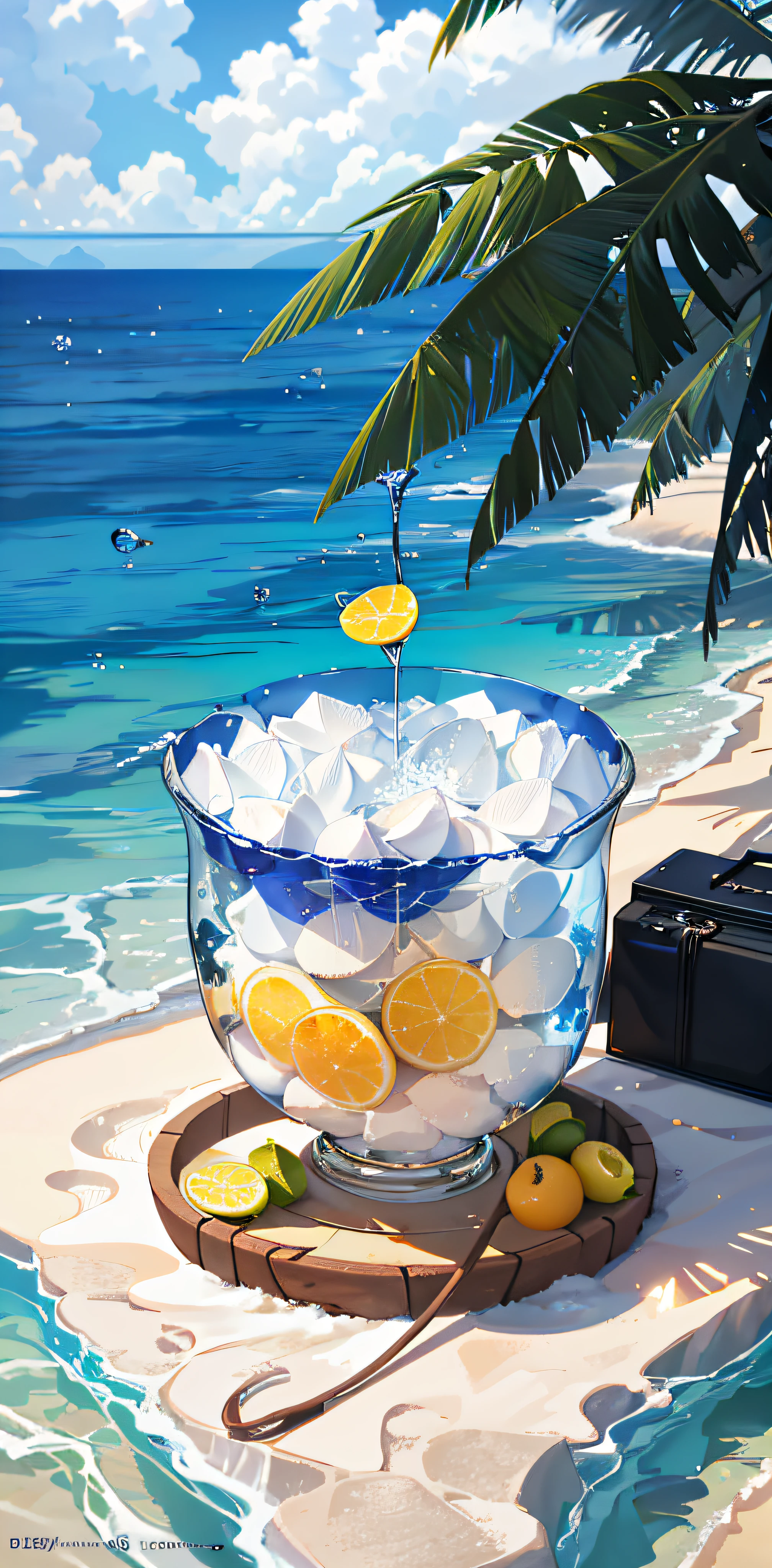 Using the right hand, macro photography depicts picnic scenes themed around a tropical beach holiday in summer. The protagonist of this photo is a large PVC bucket filled with water droplets, with a capacity of 18L, the barrel body is generally thick above and below, the diameter of the barrel mouth is 5cm, and the height is 10cm. The lens focuses on glasses, fruit, dazzling midday sun, fisheye lenses, distant views, a hearty meal, (splashed liquid: 1.6), ice, (picnic scene: 0.5) (cute dessert: 0.4), dripping. At the edge of the frame is the girl's glowing thighs, which are filled with carbonated drinks, translucent liquid, daytime outdoor lights (beach 1.5), tropical plants, hot weather, HD detail, wet watermark, hyperdetail, cinematic, surrealism, soft light, deep field focus bokeh, ray tracing, diffuse (ultra-fine glass reflection), and surrealism.