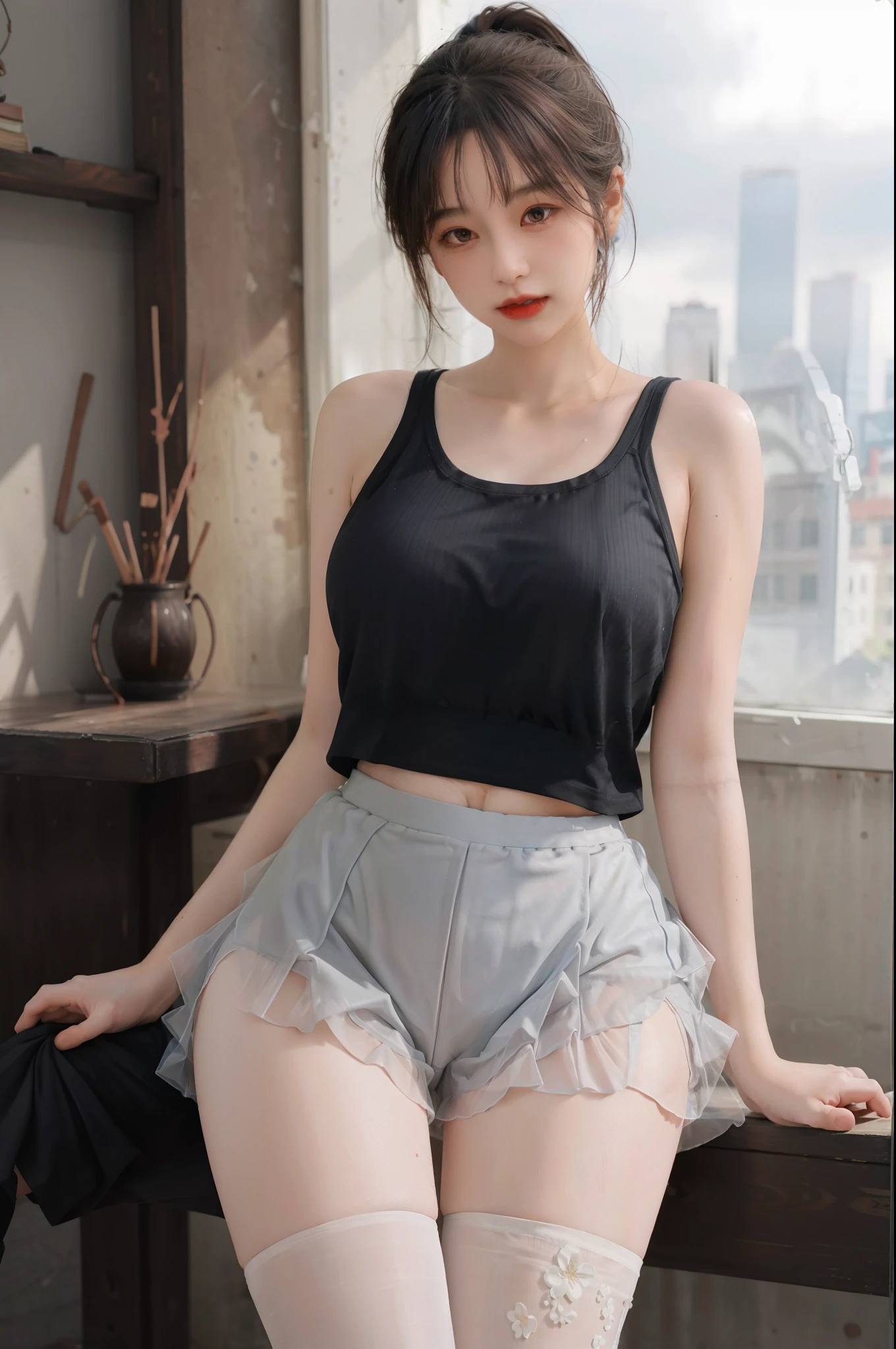 Masterpiece: 1.2, Best Quality), Realism, (Real Pictures, Rich Detail Detail, Depth of Field), (1 Girl, Solo), Makeup, High Detail, Perfect Face Shape, (: 1.4), (Skin Dents), Thick Thighs, Broad Buttocks, Thin Waist Thin, High, Coral, Red Lips, Red Eyes, Ponytail (Girls, Shallow Tulle, Tulle Transparent), (Sweat: 1.2), (Wet), Sexy, Blush, (Shy Expression), Tank Top, Suspenders, Belly Pocket, Shorts, Yoga Pants, Tight Short Skirt, Tight Shorts, stockings, fishnet socks, pajamas, pleated skirts, skirts, hip skirts, flowers on clothes,