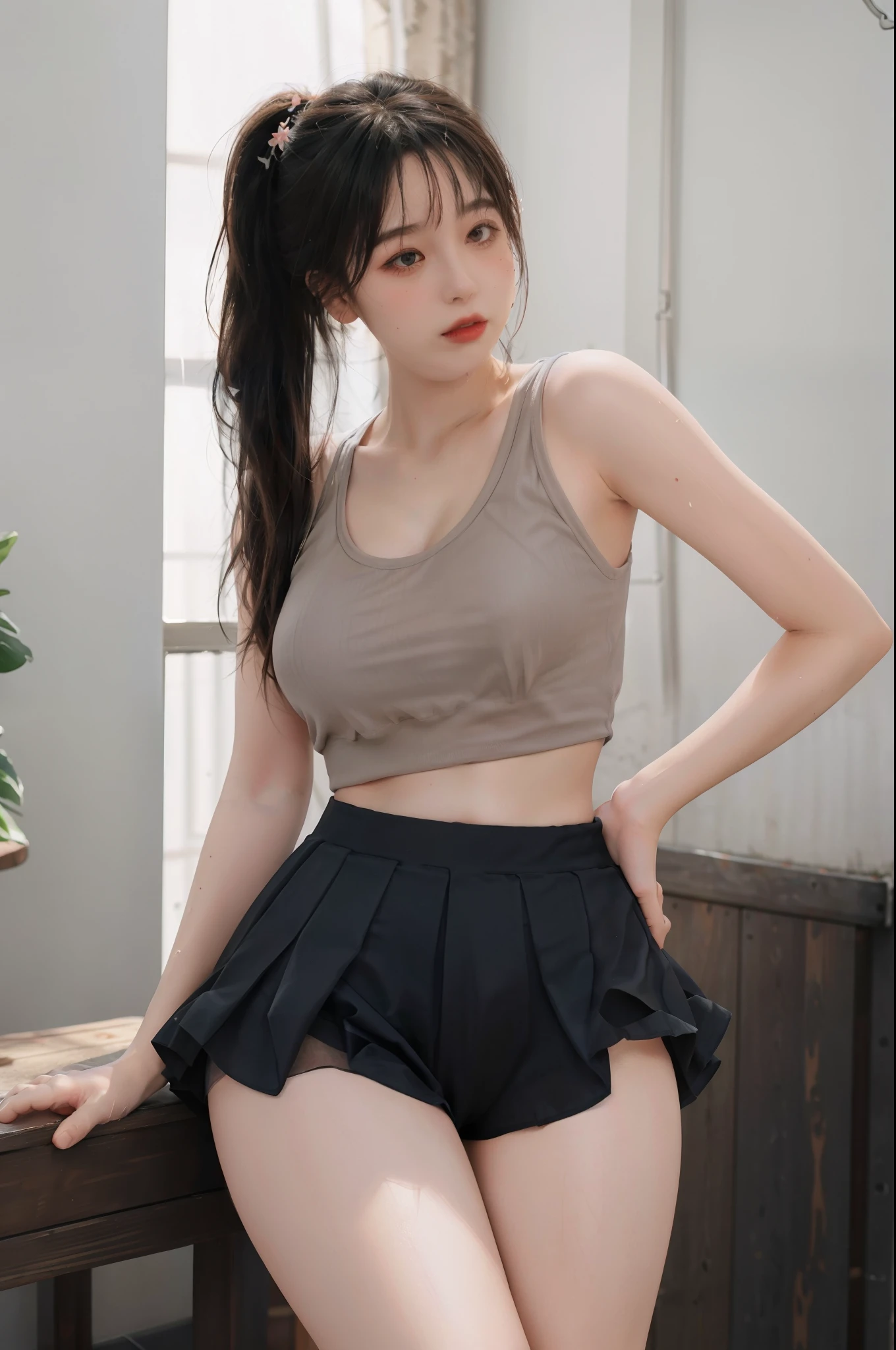 Masterpiece: 1.2, Best Quality), Realism, (Real Pictures, Rich Detail Detail, Depth of Field), (1 Girl, Solo), Makeup, High Detail, Perfect Face Shape, (: 1.4), (Skin Dents), Thick Thighs, Broad Buttocks, Thin Waist Thin, High, Coral, Red Lips, Red Eyes, Ponytail (Girls, Shallow Tulle, Tulle Transparent), (Sweat: 1.2), (Wet), Sexy, Blush, (Shy Expression), Tank Top, Suspenders, Belly Pocket, Shorts, Yoga Pants, Tight Short Skirt, Tight Shorts, stockings, fishnet socks, pajamas, pleated skirts, skirts, hip skirts, flowers on clothes,