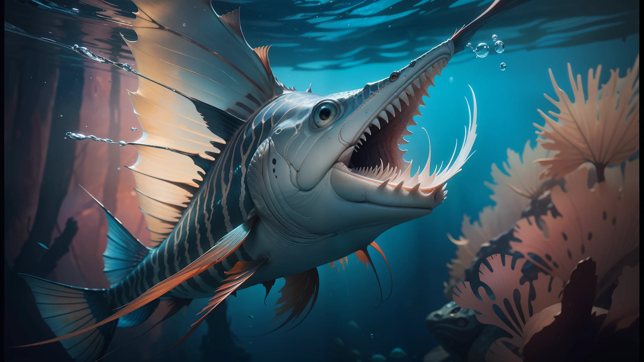 there is a fish with its mouth open in the water, jaime jasso, cgsociety 9, realistic photography paleoart, scary fish, realistic digital art 4 k, realistic digital art 4k, realistic creature concept, 4k concept art and hyper realism, by Keith Parkinson, lion fish, exotic fish, realistic lance, 8 k ultra realistic creature, deep sea fish