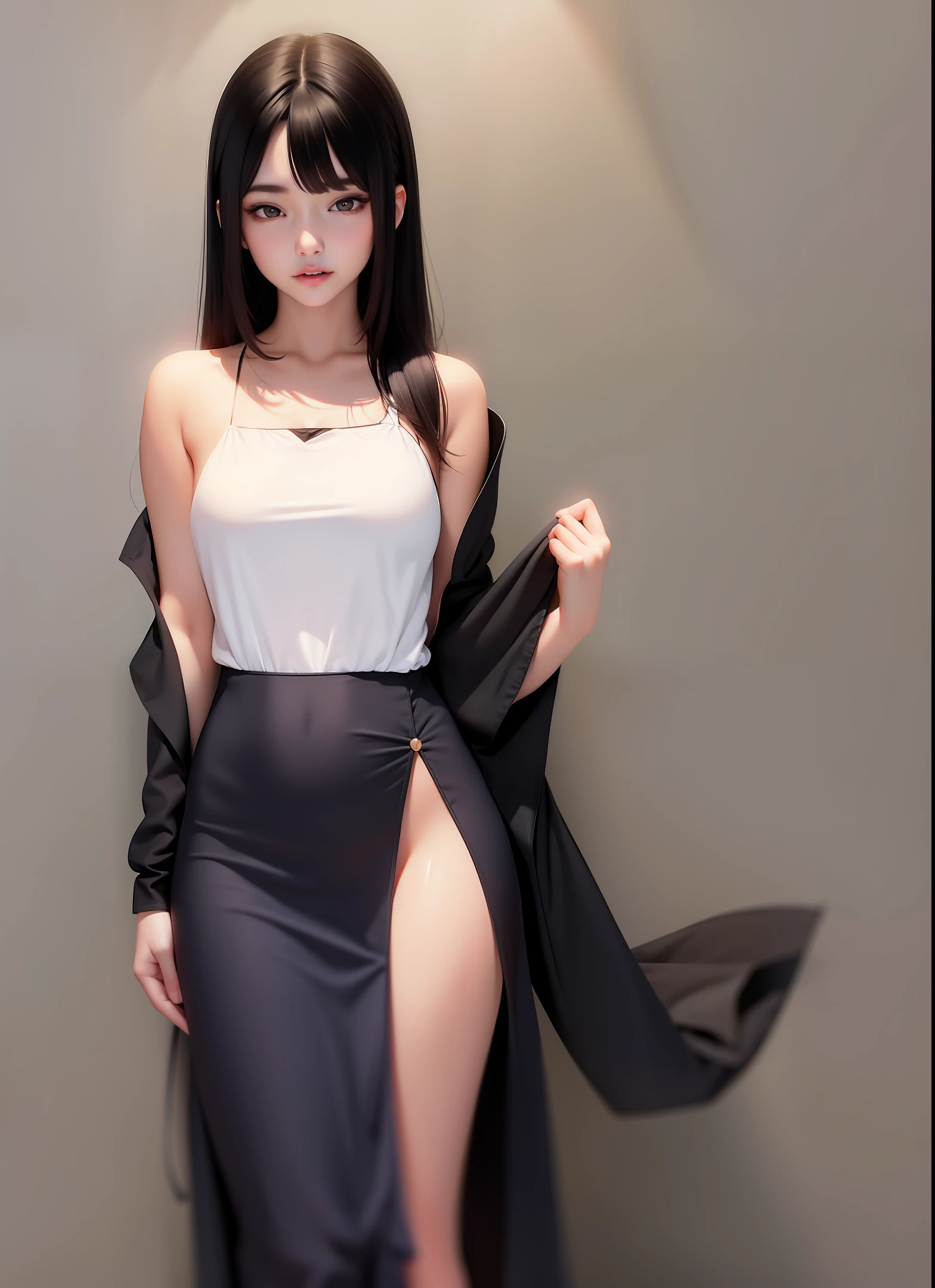Young Asian woman wearing a transrelative dress glued to her body without underwear with her legs spread