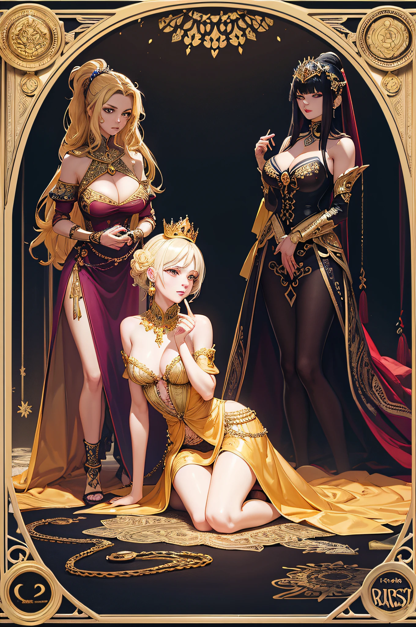 The huge golden throne, Gold carved throne: 1.5, golden steps, noble queen sitting on a high throne, full body: 1.5, beautiful, perfect face, perfect legs, huge crown, cleavage, jewelry, large necklace, gold carved throne, wearing gold stiletto heels: 1.5, luxurious, gorgeous, 3 beautiful slave girls kneeling on the ground, 1 slave girl on the left, 2 slave girls on the right, full body, wearing a transparent skirt, wearing stiletto heels, kneeling at the feet of the empress, kneeling on the steps, intricate patterned steps, complex corset, no shoulder straps, stiletto heels, kneeling on the ground, kneeling on the ground, jewelry, lots of jewelry, full body jewelry, royal palace, tyndall light effects, gorgeous gold silk carpet and silk, winding, high resolution, official art, unified 8k wallpaper, super detailed, beauty and aesthetics, masterpiece, best quality, (zentangle, mandala, tangled, entangled), (fractal art: 1.3), 1girl, very detailed, dynamic angle, cowboyshot, most beautiful forms chaotic, elegant, fauvist design, bright colors, romanticism, James Jean, Robbie Devi Antono, Ross Tran, Francis Bacon, Michal Mlaz, Adrian Ganey, Petra Cortwright, Gerhard Richter, Takashi Yamamoto, Ashley Wood, atmospheric, ecstatic notes, flow notes visible