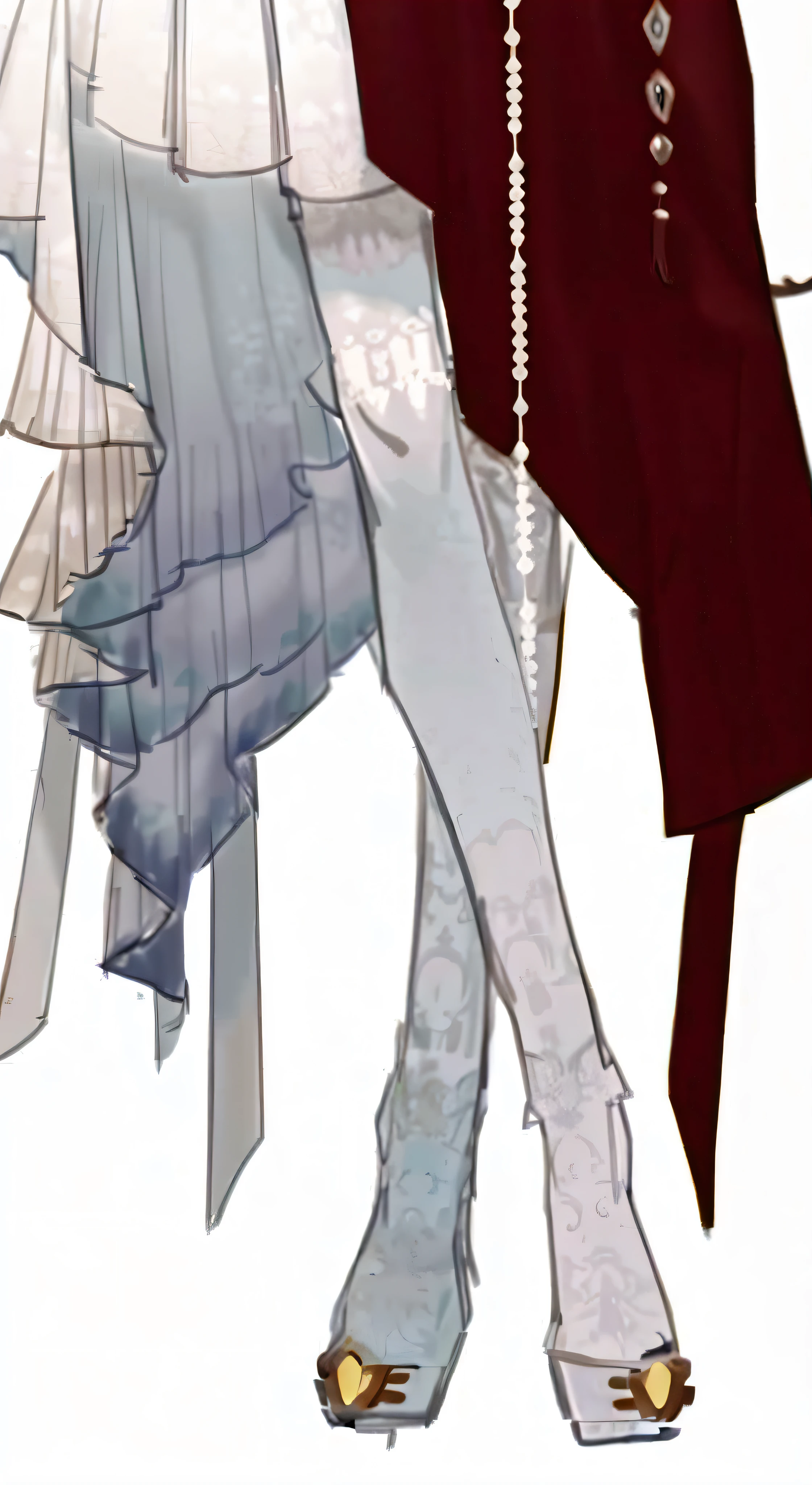 anime - style illustration of a woman in a wedding dress and a man in a suit, ((wearing aristocrat robe)), delicate androgynous prince, very detailed and rich clothing, full body details, wearing fantasy formal clothing, wearing fancy clothes, detailed clothes, grayscale phtoto with red dress, long elegant tail, fine details. anime, exquisite and handsome wings