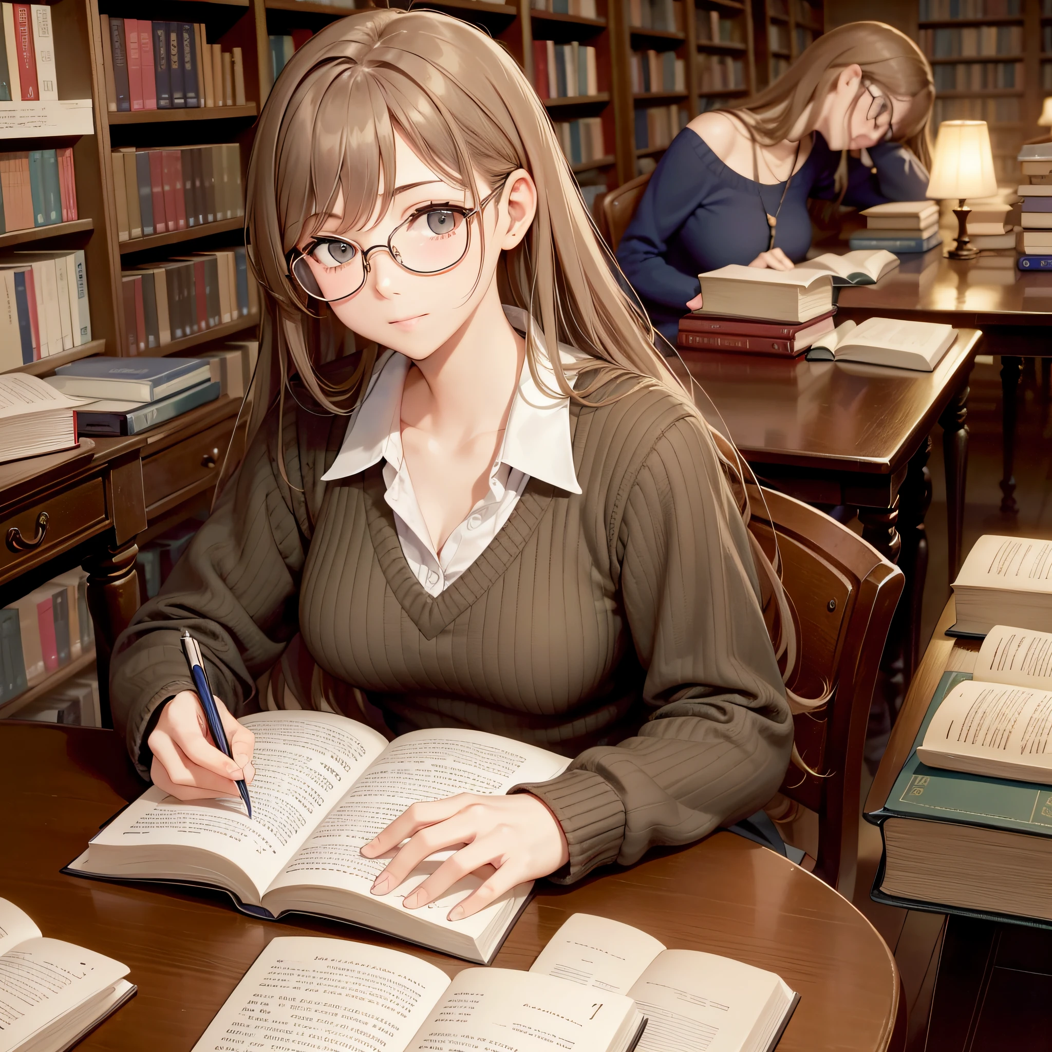 Super long shot. French library, sitting at a table and reading a book looking down hard. There are six books on the table. There is also a notebook and pen. Emily is a 13-year-old French girl. She lives in a small town in France, has wavy semi-long hair mixed with brown and blonde, straight bangs, bespectacled beauty, breasts are of normal size and beautiful shape, she likes camisoles. I like brown frame glasses. There are a few more users in the library.
