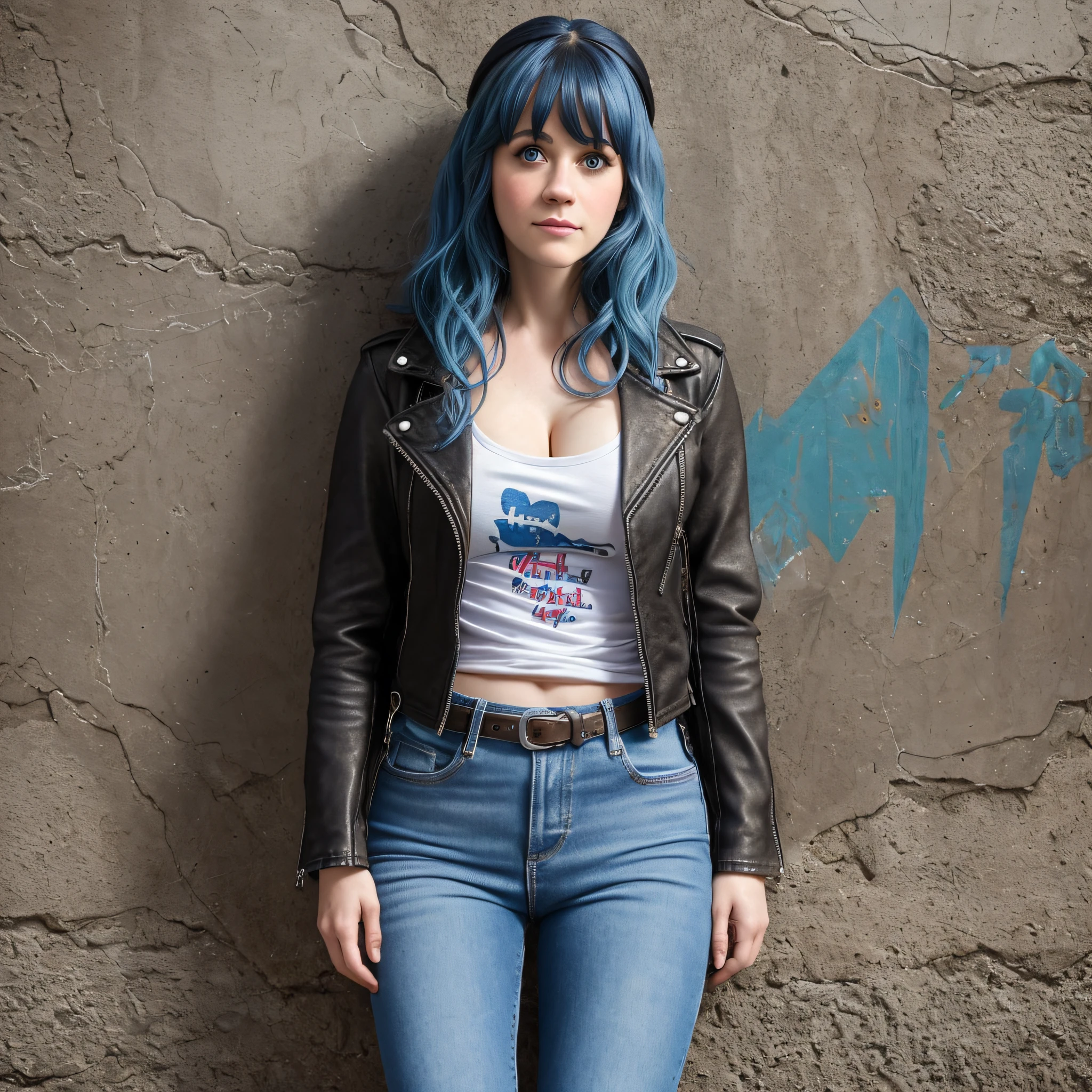 (best quality, masterpiece, realistic, detailed), 8k CG, perfect artwork, (blue hair), blue eyes, endomorph body type, normal breasts, large butt, fully dressed, grunge wear, melancholic face, colorful graffiti in front of the wall,leather jacket, skin white, full body, camiseta, long hair, 1 girl, music, (zooey deschanel), , 17 yalça jeans", "square jaw", sad, shy