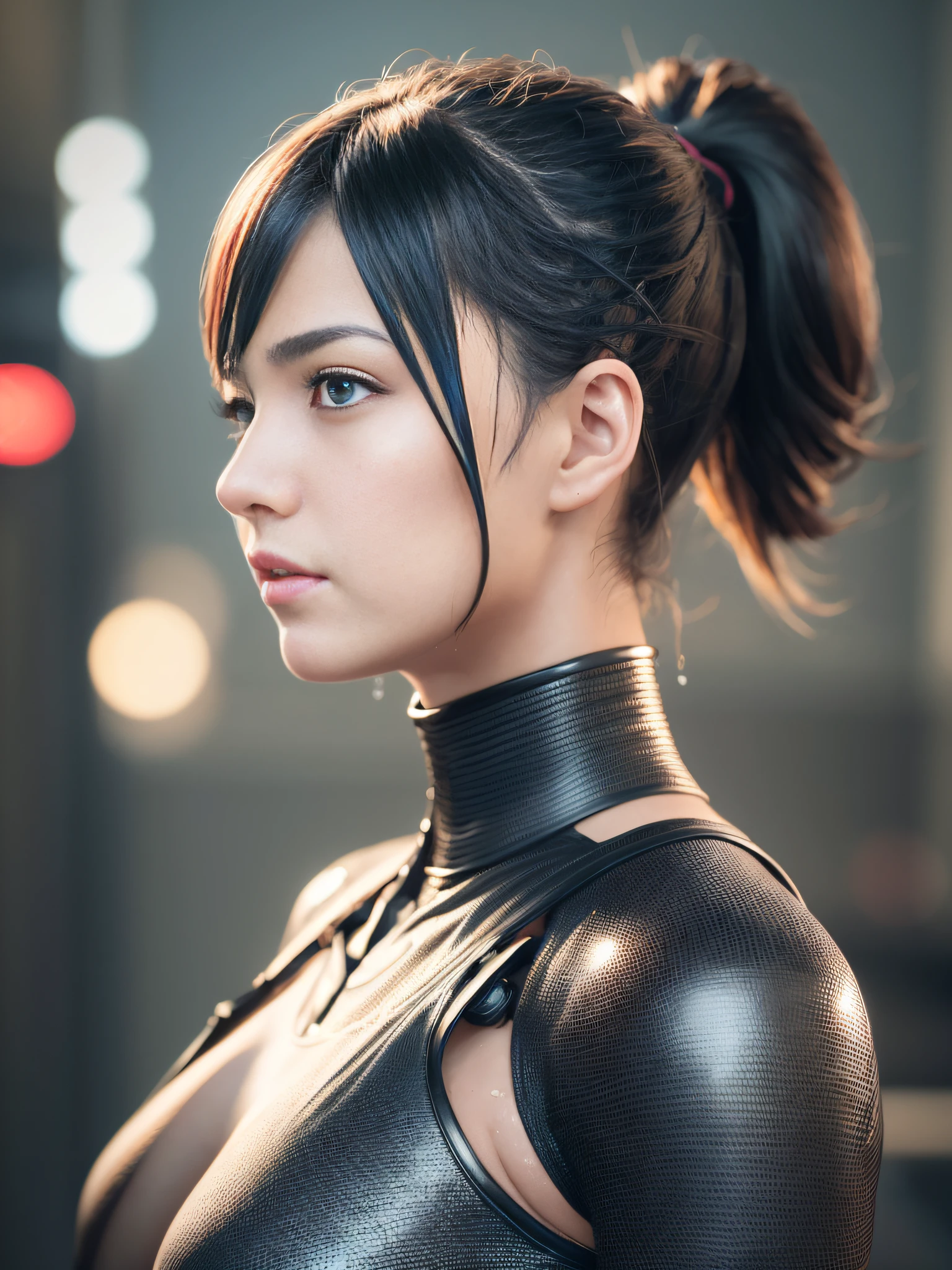 Profile shot, lens 78mm f1.4, photo by iPhone, Japan woman, profile, black corset, , collar, nsfw, ((best quality, 8k, masterpiece: 1.3)), sharp focus: 1.2, (layer cut, big: 1.2),beautiful woman with perfect figure: 1.4, slender abs: 1.2, wet body: 1.5, highly detailed face and skin textureDetailed Eyes, Double Eyelids, Very Short Hair, Perfect Cyborg Woman, Cyberpunk Bodysuit, Japan Cyborg, 3D Rendering Character Art 8K, Cute Cyborg Girl Cyan Ponytail
