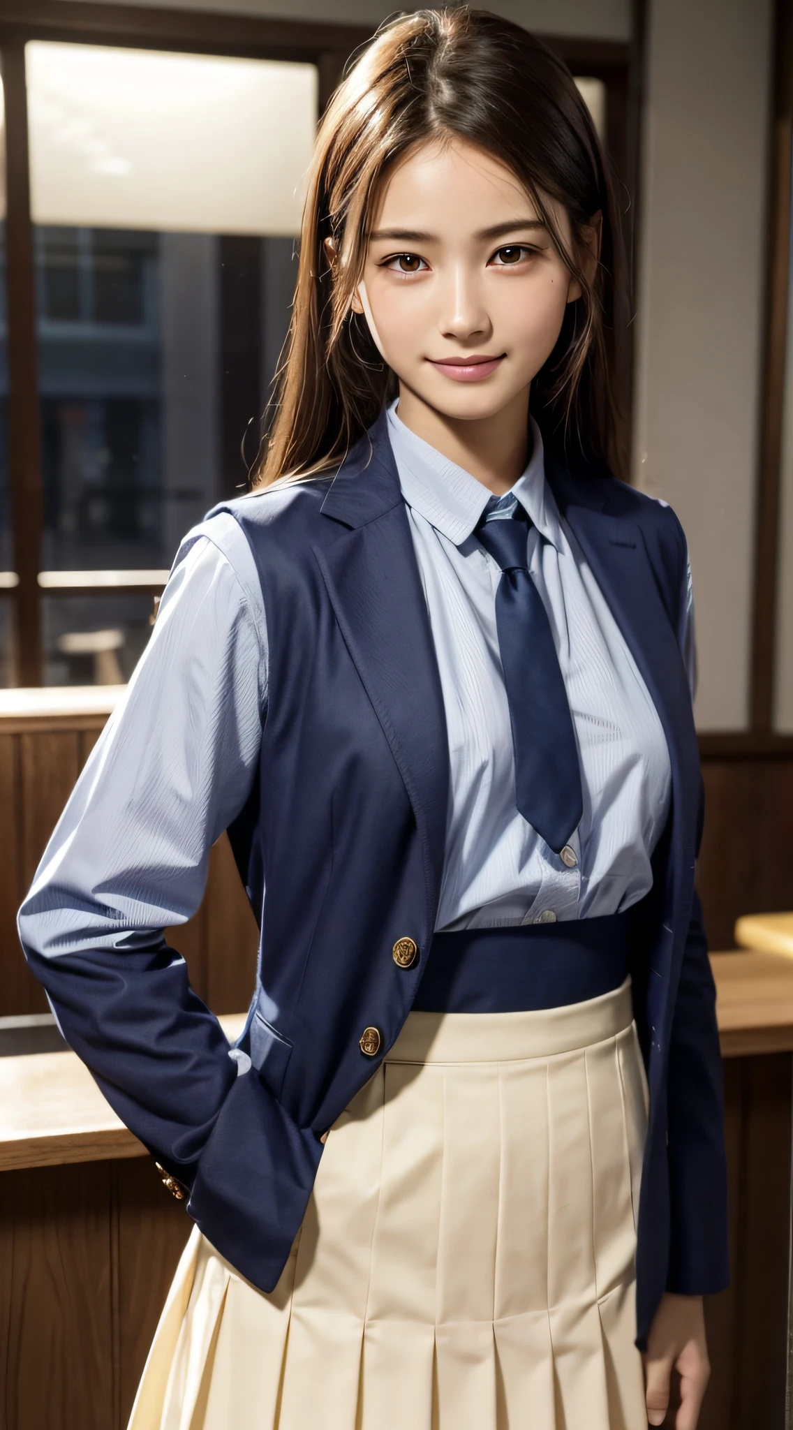 8K, top quality, masterpiece, realistic, super detailed, photo realistic, hyper realistic, smooth lighting, improve movie lighting quality, realistic lighting, backlight, bright light, improve quality, best quality real texture skin, close-up, slender, cute face, smile, beautiful detail eyes, Japan 19 years old, cute uniform in a café, double and very dense eyes, shiny skin, sagging eyes, Shyness, staring at the viewer, standing with face facing forward, upper body only image, small breasts, small face