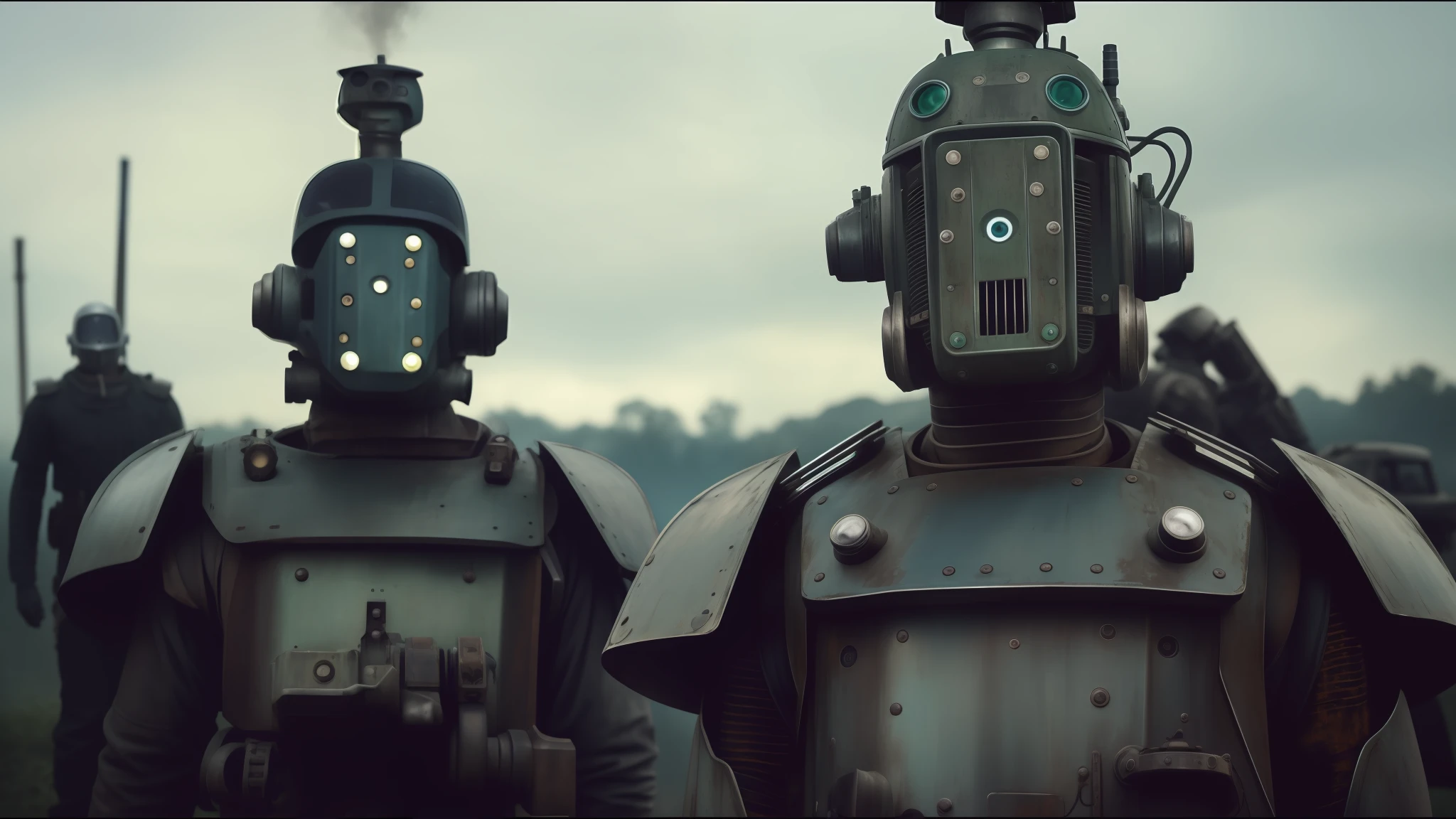 there are two robots that are standing next to each other, by emmanuel lubezki, dieselpunk style, featured on vimeo, а fantasy proto-slavic mythology, steam punk party, war boys, forest punk, high collar, by Matt Stewart, cory behance hd, by David Firth, —n 9, high resolution film still, heilung