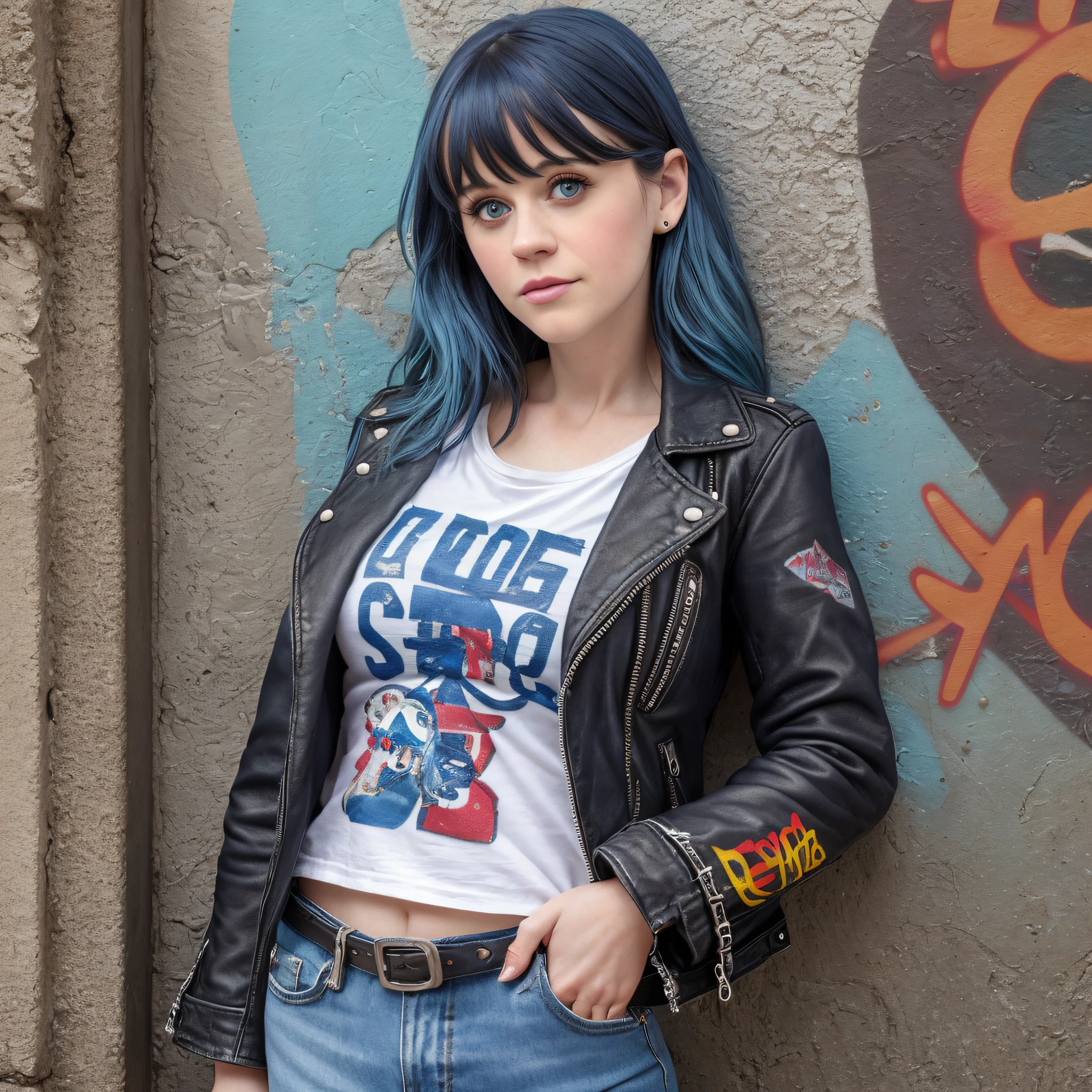 (best quality, masterpiece, realistic, detailed), 8k CG, perfect artwork, (blue hair), blue eyes, endomorph body type, normal breasts, large butt, fully dressed, grunge wear, melancholic face, colorful graffiti in front of the wall,leather jacket, skin white, full body, camiseta, long hair, 1 girl, music, (zooey deschanel), , 17 yalça jeans", "square jaw", sad, shy