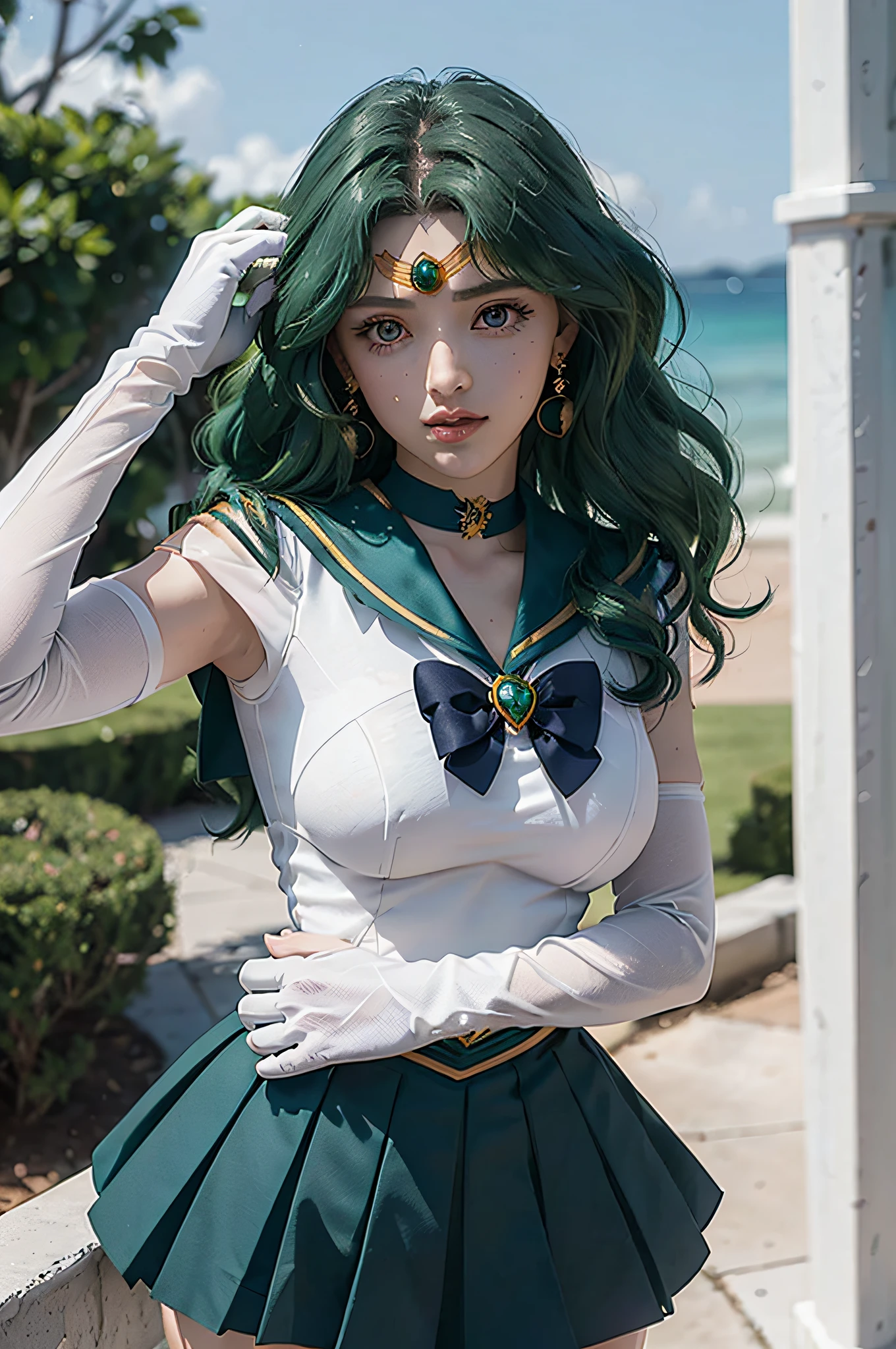 close-up, 1girl, sailor neptune, (sailor senshi uniform:1.2), (aqua eyes:0.9), dark green hair, medium hair, plead skirt, best quality, earrings, masterpiece, high resolution, intricate details, (( realistic )), photographic, (white elbow gloves:1.1), jewelry, Medium breast, full body, Dynamic background, dynamic posture,