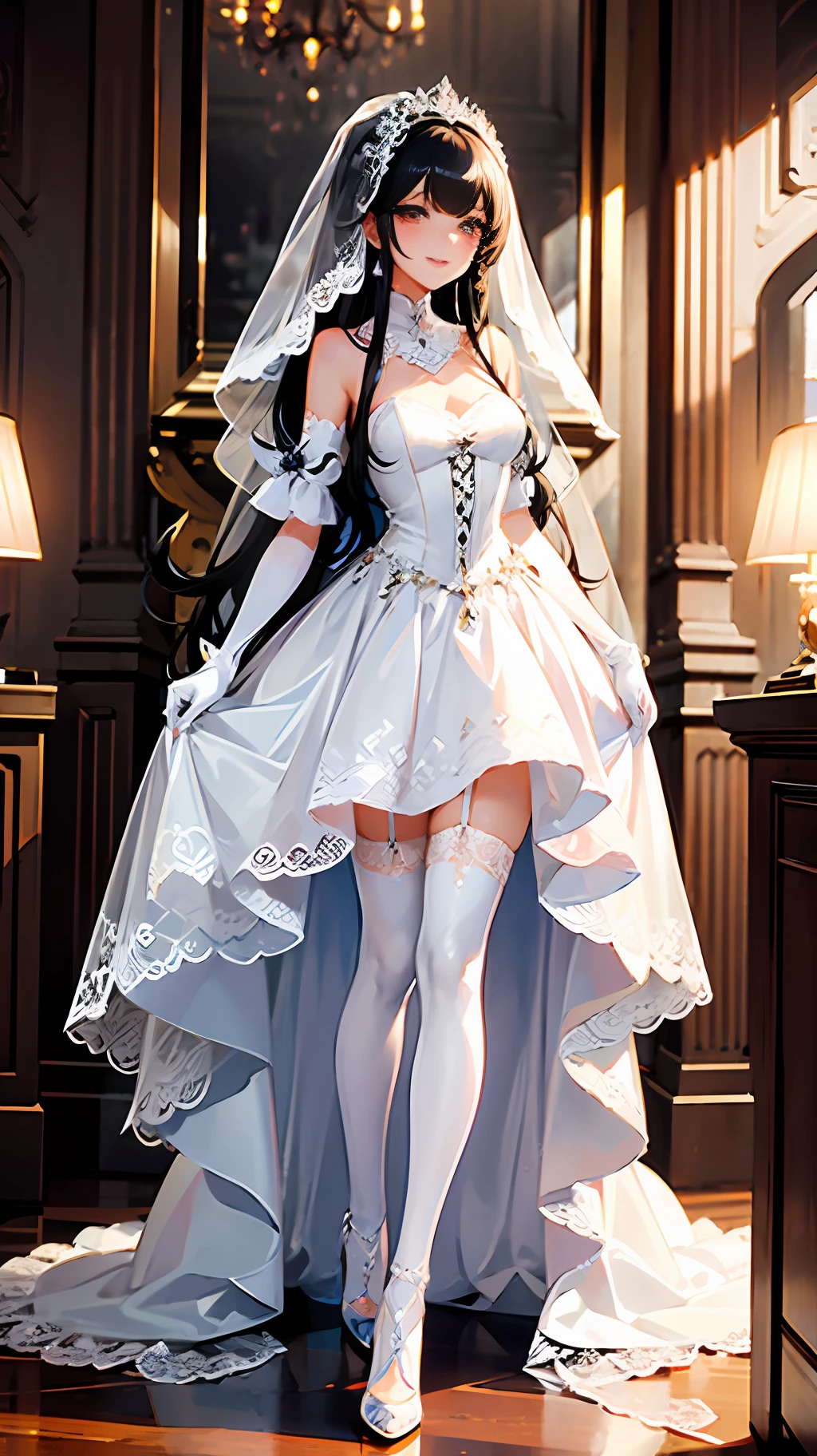 The girl with meticulous smoky makeup wears a wedding dress, silky hair, hair accessories and earrings dazzling, sweet smile. She wore high heels, white stockings with suspenders, veils and lace gloves. The scene is random.