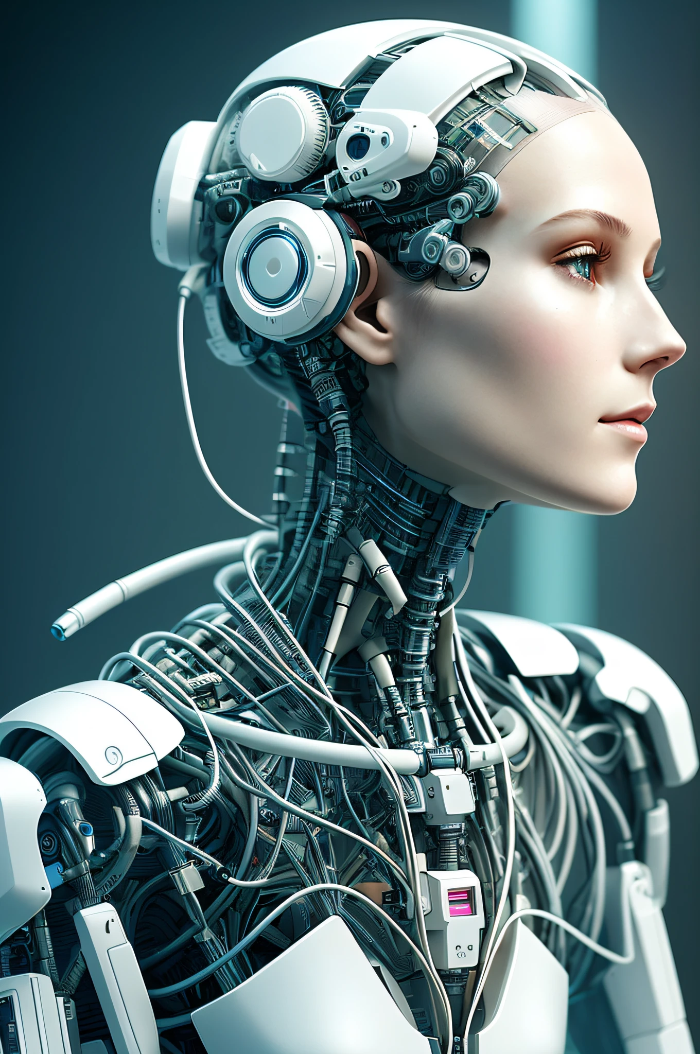 Electronic Systems On-Head Humanoids |Cyborg Woman| With a detailed brain that you can see| With a delicate heart that can be seen| Muscle cable wire | Realistic Skin| Biopunk| Cybernetics | Cyberpunk | Canon M50| 100mm| Sharp Focus | Gently| Hyperrealism | Very detailed| Intricate Details | Vascular |