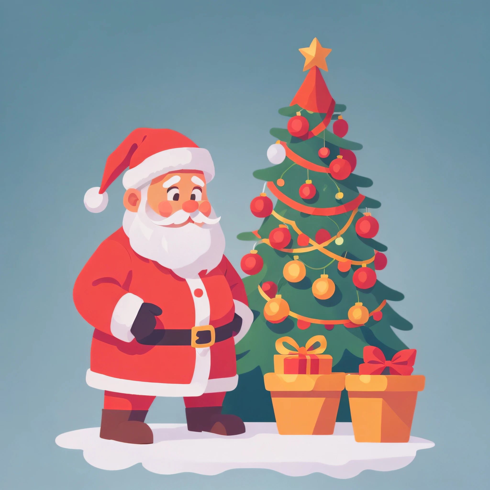 A Santa Claus standing next to Christmas tree with presents, simple illustration, holiday season, cute illustration, merry, no gradient, cartoon illustration, christmas, cartoon style illustration, flat illustration, Jen Bartel, simple and clean illustration, illustration! , Shutterstock, Stylized digital illustration, Detailed 2D illustration, Very stylized, (snow), vector illustration, no depth of field, super detailed