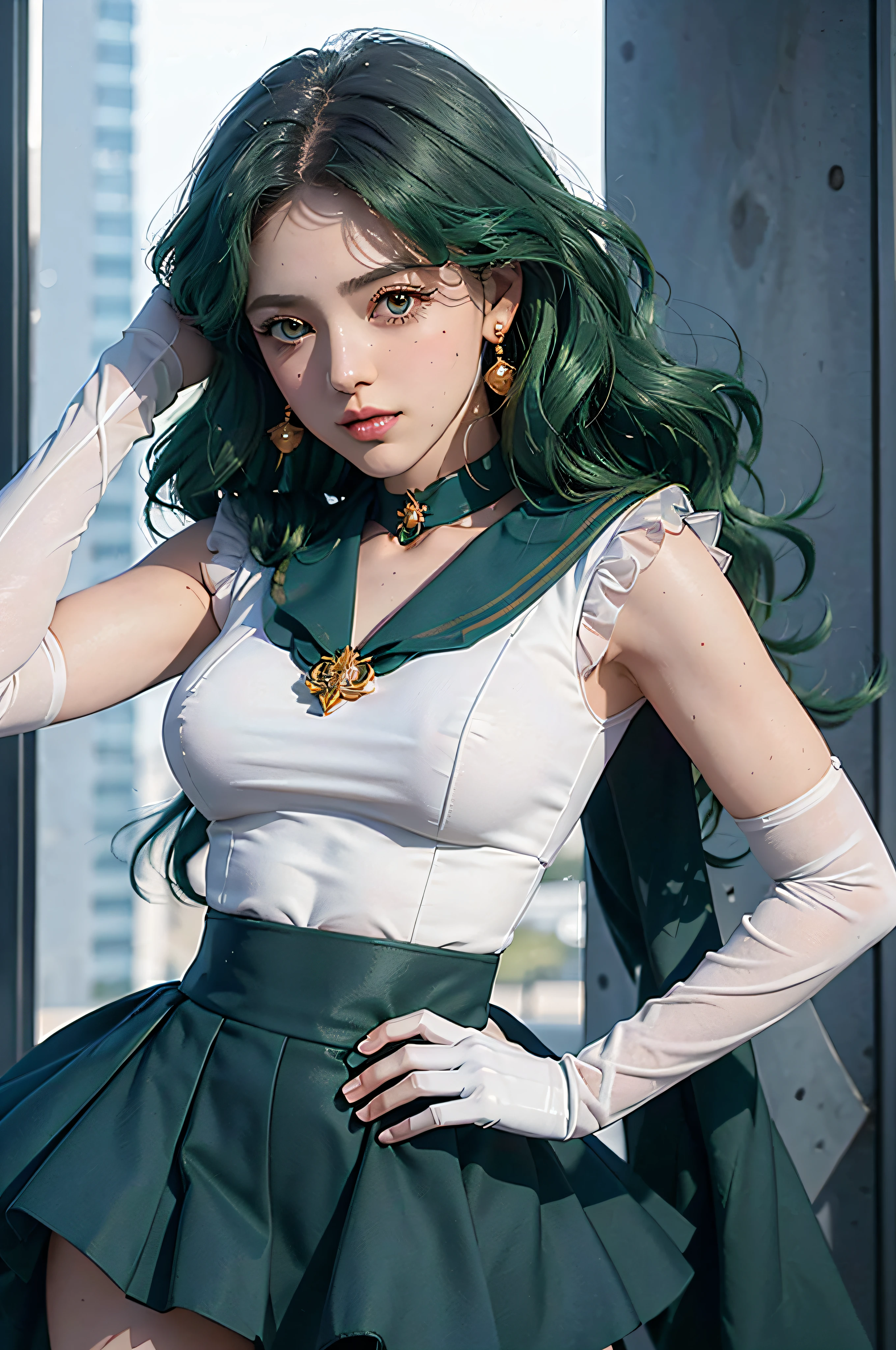 close-up, 1girl, sailor neptune, (sailor senshi uniform:1.2), (aqua eyes:0.9), dark green hair, medium hair, plead skirt, best quality, earrings, masterpiece, high resolution, intricate details, (( realistic )), photographic, (white elbow gloves:1.1), jewelry, Medium breast, full body, Dynamic background, dynamic posture,
