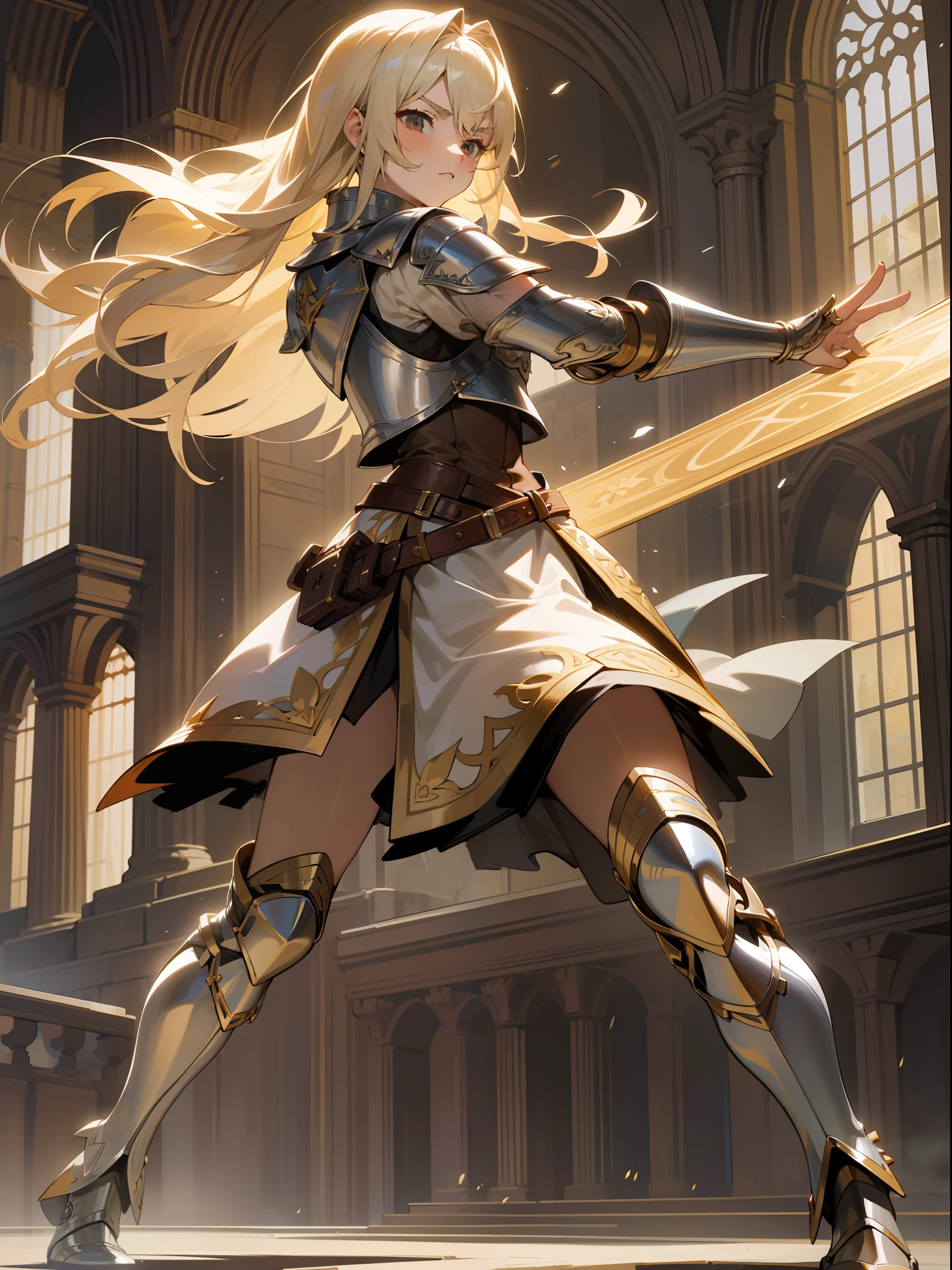 masterpiece, best quality, mature woman, warrior, long light blonde hair, brown clothing, silver breastplate, silver shin guard, belt, skirt, full body, fantasy, medieval, in a battle arena, dynamic pose, beautiful detailed glow.