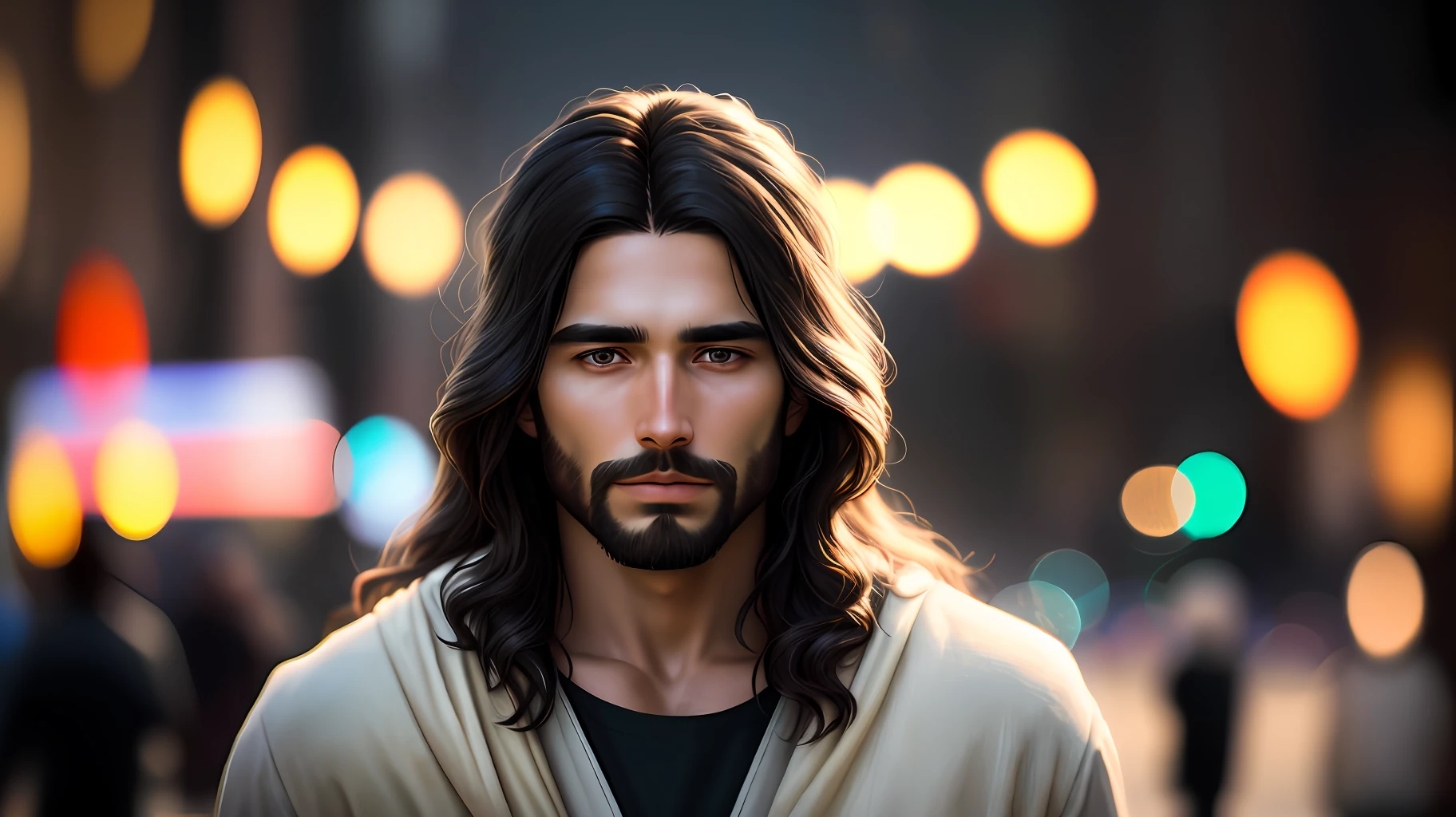 portrait of modern day Jesus, cinematic lighting, depth of field, bokeh, realism, photorealistic, hyperrealism, professional photography, uhd, dslr, hdr