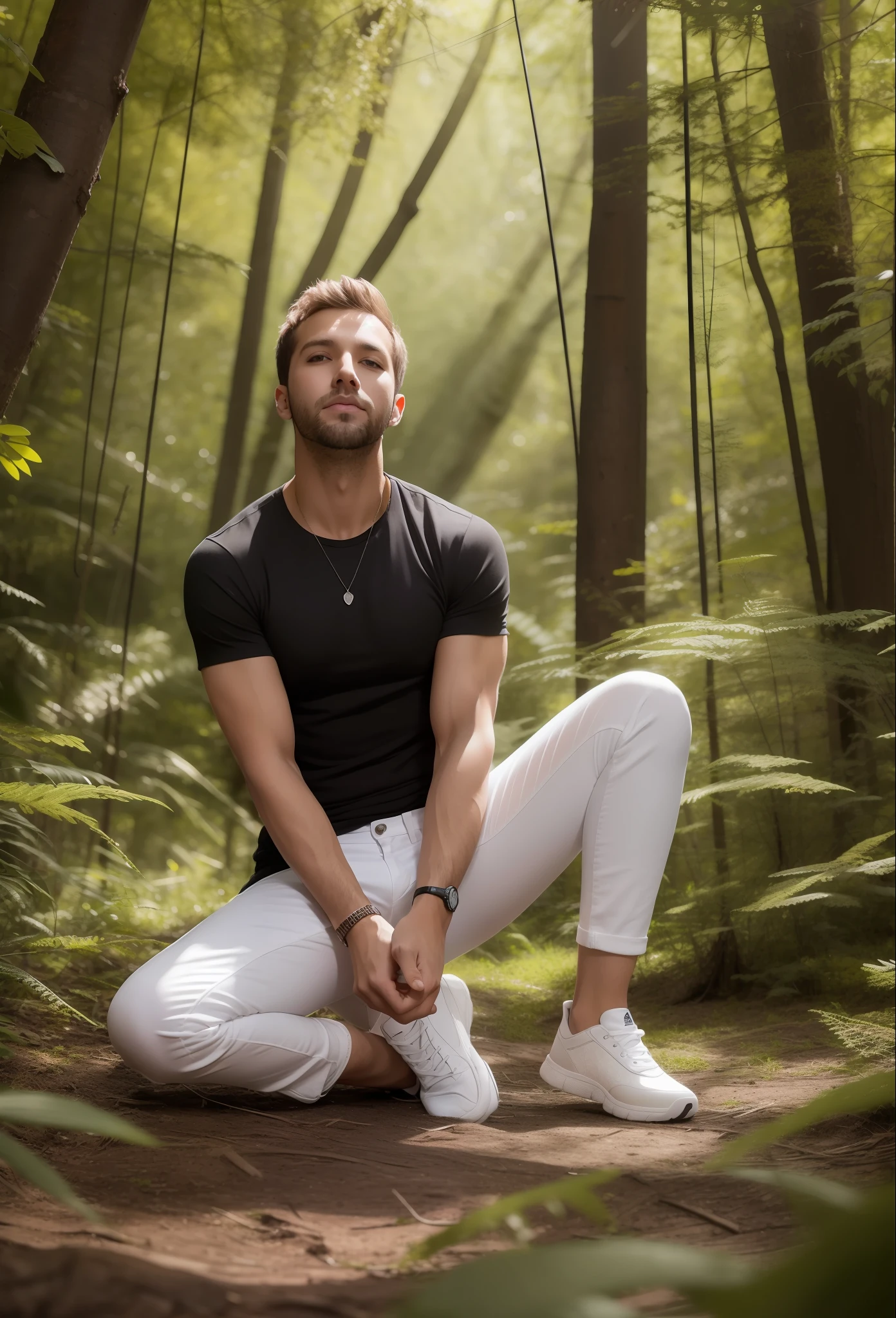 Pablo Alboran dressed in black jeans and transparent white T-shirt. It's in a forest