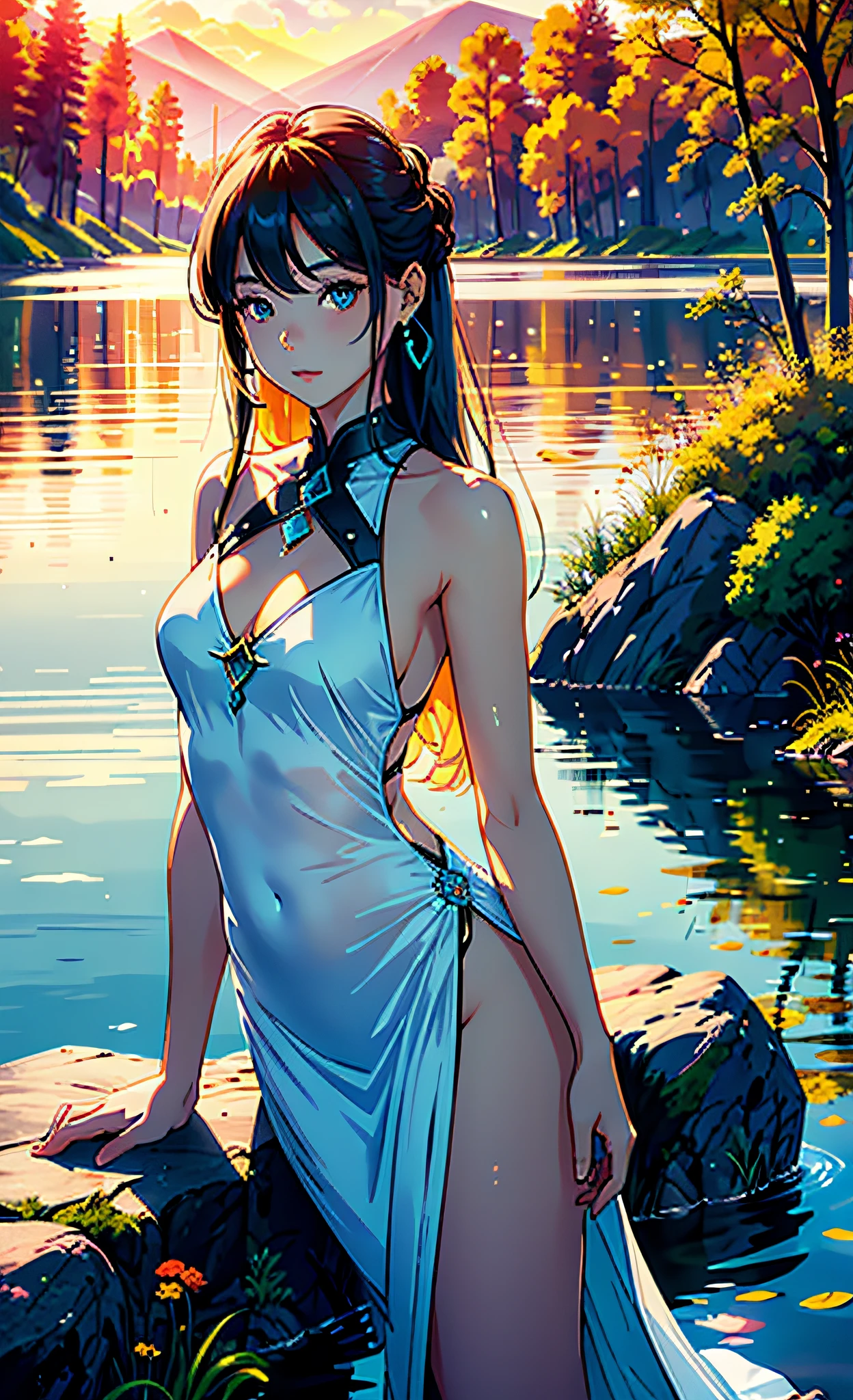 1 girl, serene expression, mesmerizing eyes, straight long hair, flowing dress, poised posture, porcelain skin, subtle blush, crystal pendant
BREAK
golden hour, (rim lighting):1.2, warm tones, sun flare, soft shadows, vibrant colors, painterly effect, dreamy atmosphere
BREAK
scenic lake, distant mountains, willow tree, calm water, reflection, sunlit clouds, peaceful ambiance, idyllic sunset, ultra detailed, official art, unity 8k wallpaper
, zentangle, mandala