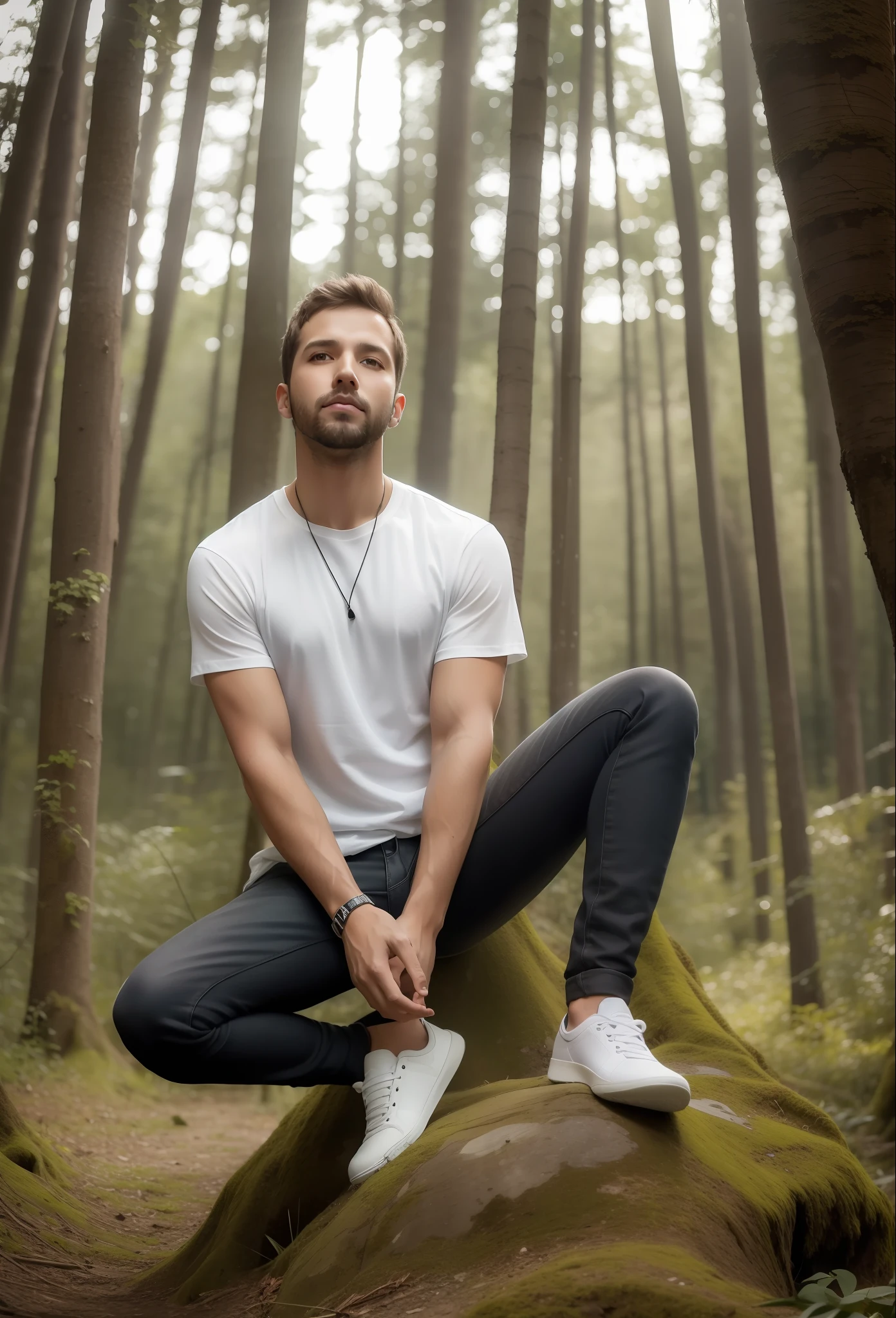 Pablo Alboran dressed in black jeans and transparent white T-shirt. It's in a forest