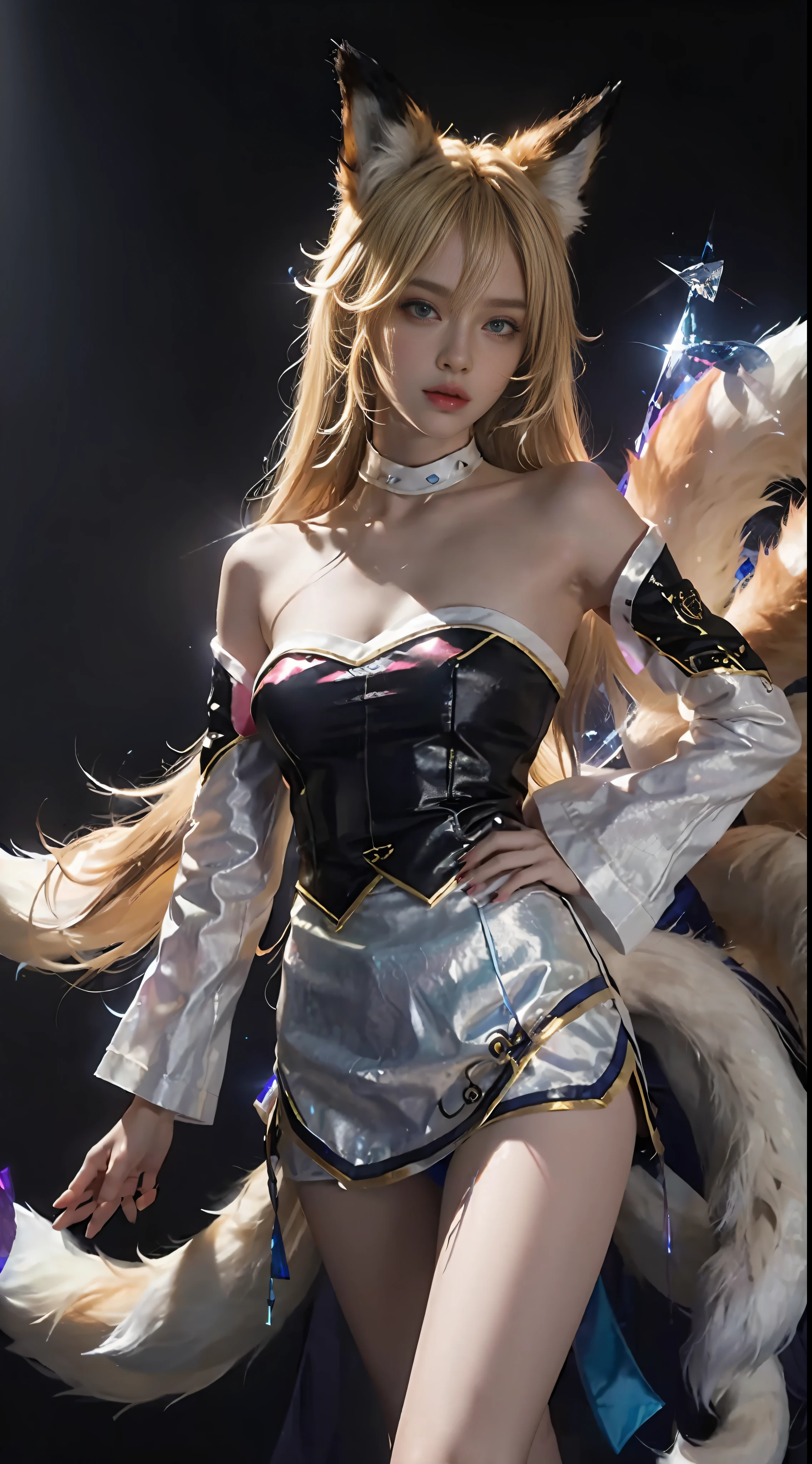 Super Resolution, (Realism: 1.3), 1 (Slim: 1.2) Girl, Solo, Looking at the Audience, League of Legends, Fox, KDA Fox, Blonde Hair, Fox Ears, Fox Tail, Blue Short Skirt, White Skirt, Laser Sense, Super Perfect Face, Perfect Eyes, Good Looking Face, Crystal Tail, Lots of Tails, Perfect Eyes